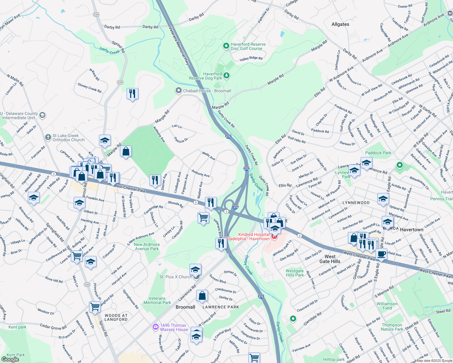 map of restaurants, bars, coffee shops, grocery stores, and more near 107 Brookthorpe Terrace in Broomall