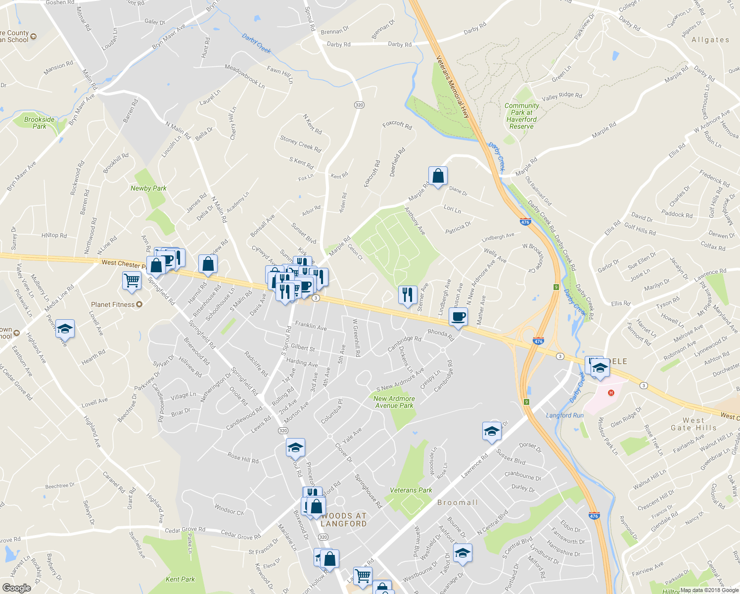 map of restaurants, bars, coffee shops, grocery stores, and more near 15 Strathaven Drive in Broomall