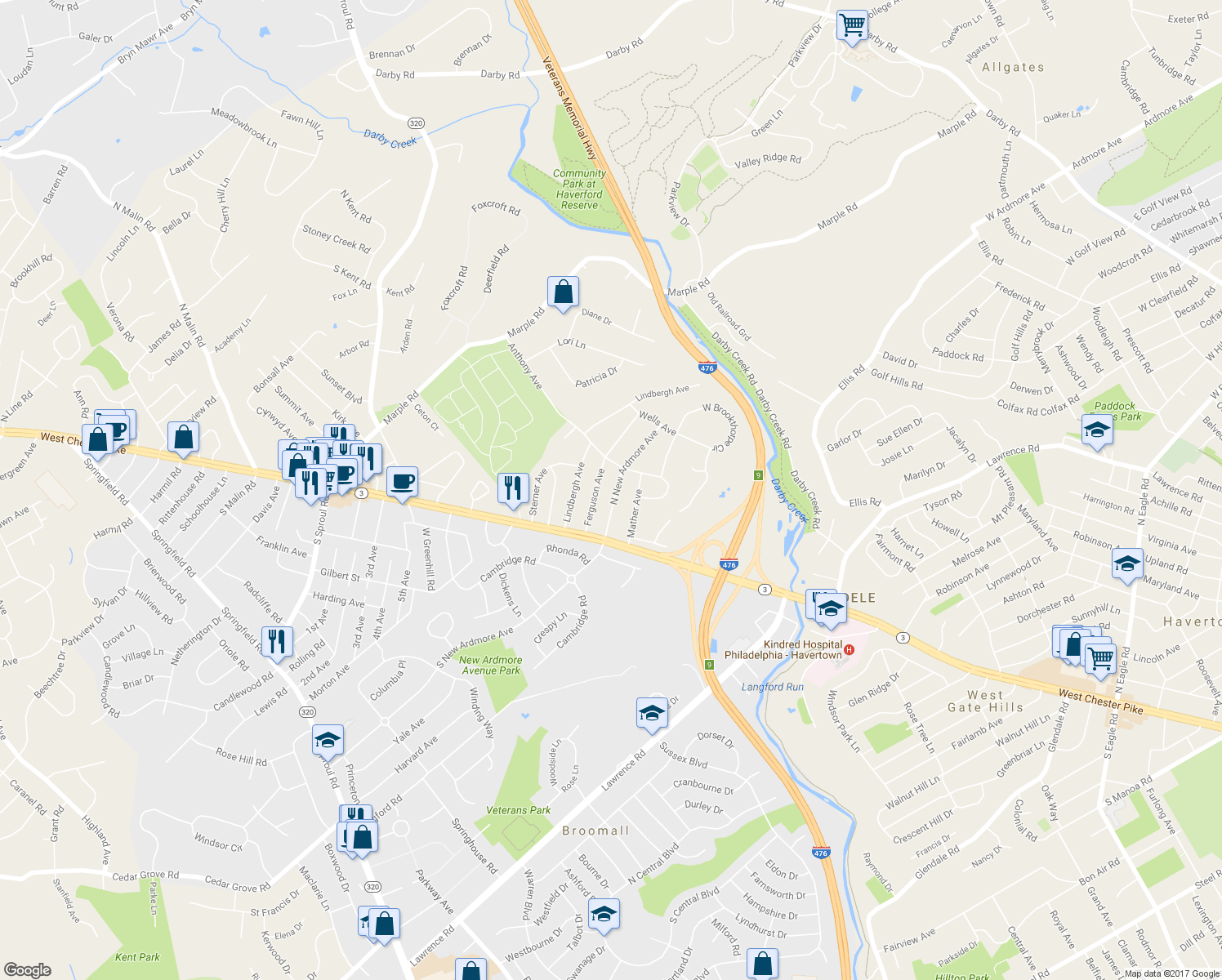 map of restaurants, bars, coffee shops, grocery stores, and more near 56 North New Ardmore Avenue in Broomall