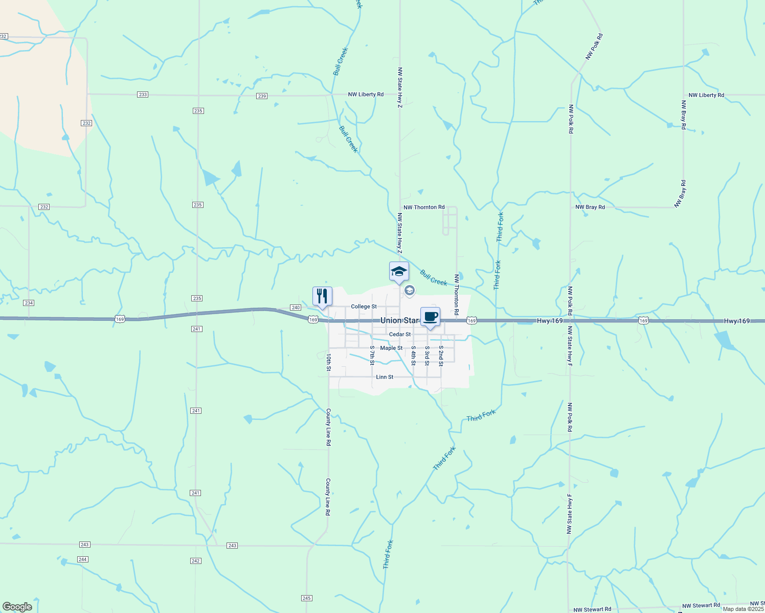 map of restaurants, bars, coffee shops, grocery stores, and more near 625 College Street in Union Star