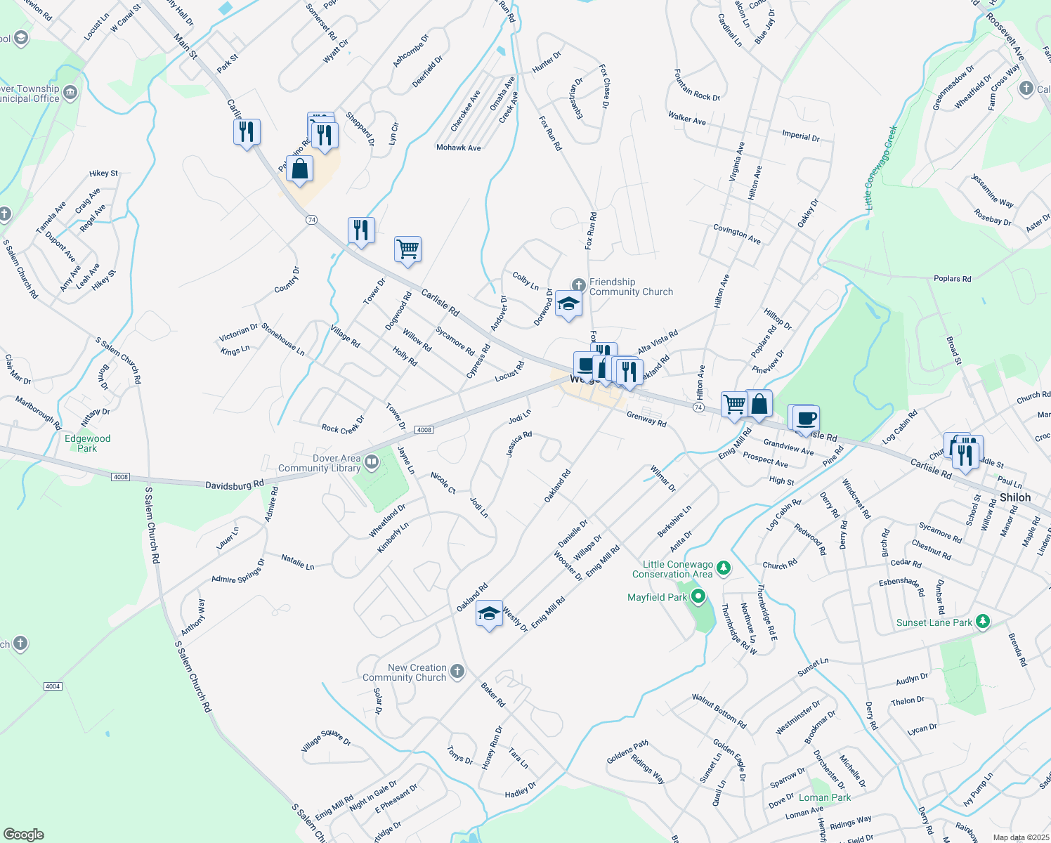 map of restaurants, bars, coffee shops, grocery stores, and more near 3044 Jodi Lane in Dover