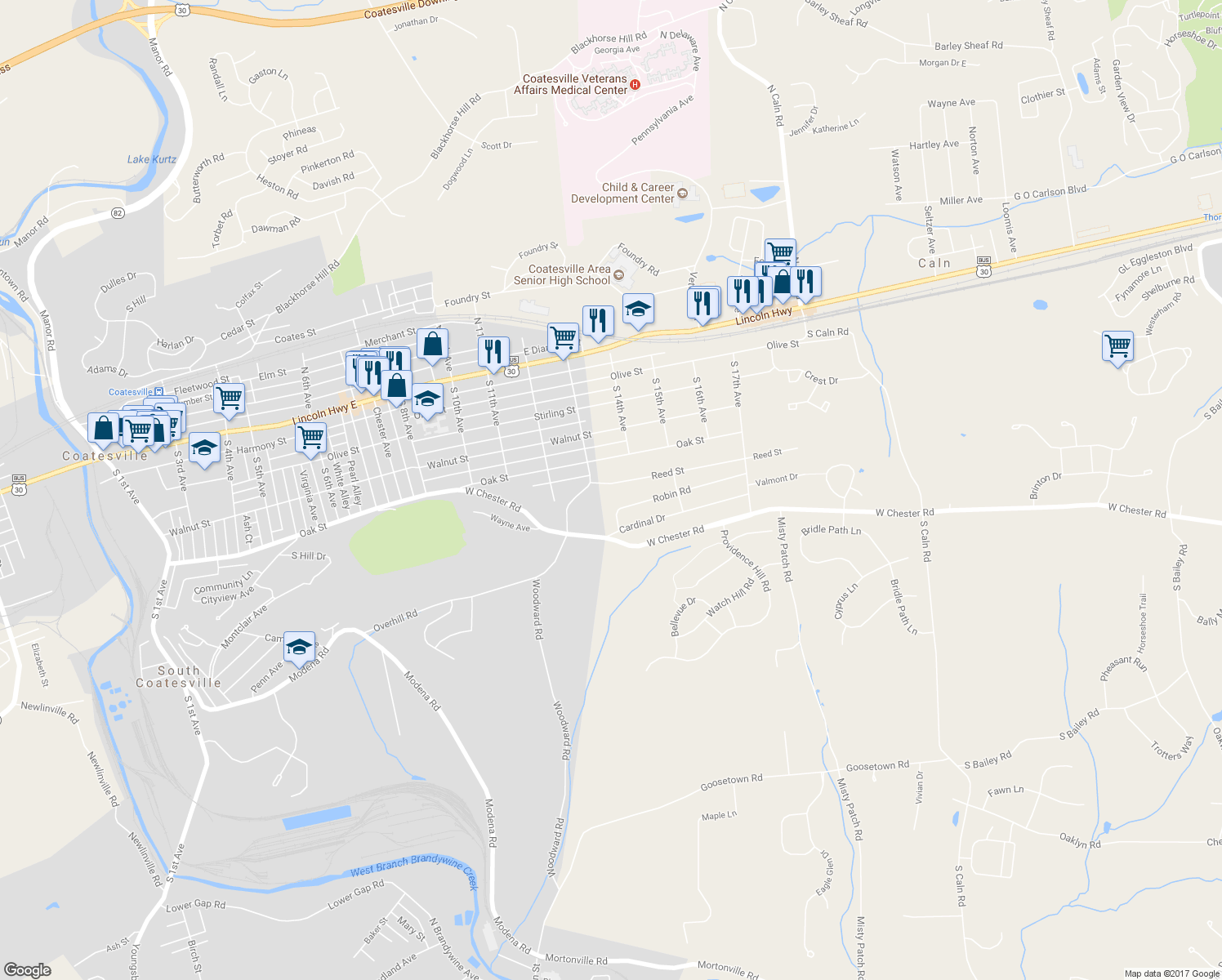 map of restaurants, bars, coffee shops, grocery stores, and more near 1336 Reed Street in Coatesville