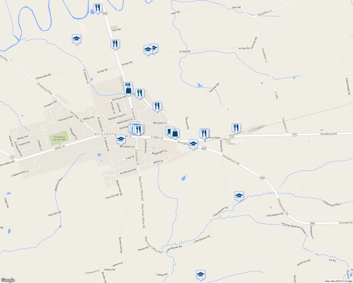 map of restaurants, bars, coffee shops, grocery stores, and more near 202 Georgetown Rd in Strasburg