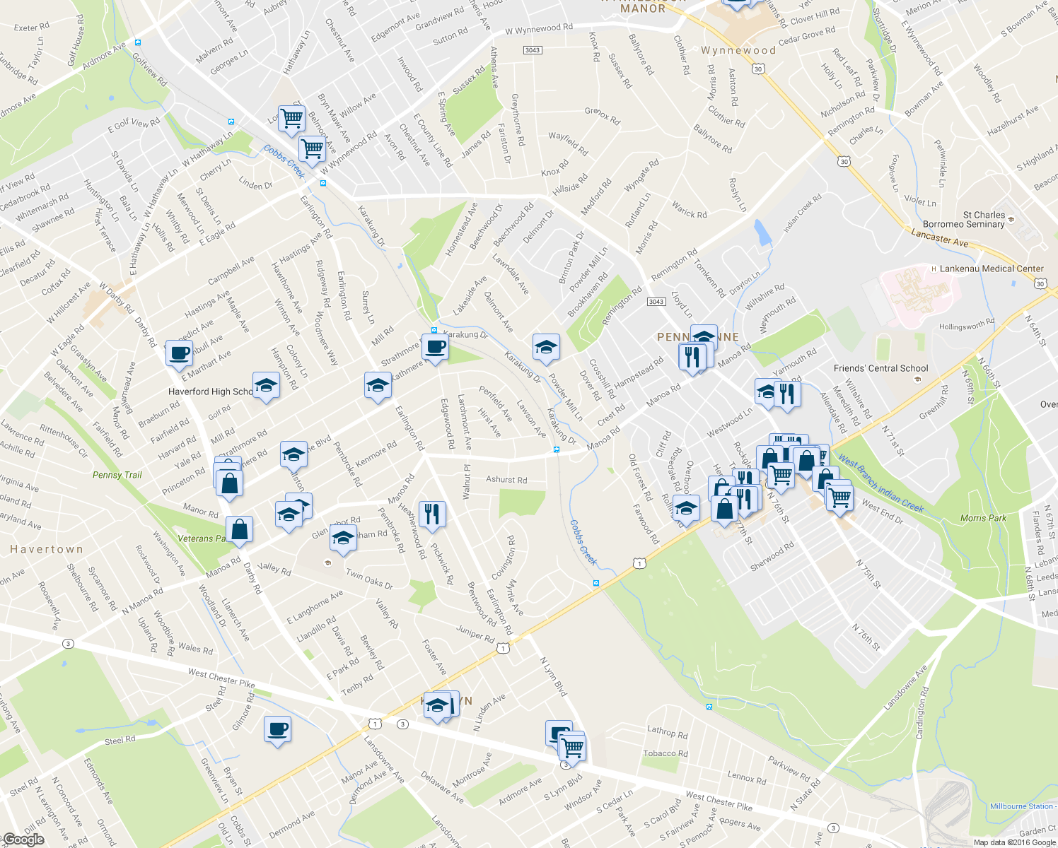 map of restaurants, bars, coffee shops, grocery stores, and more near 755 Lawson Avenue in Havertown