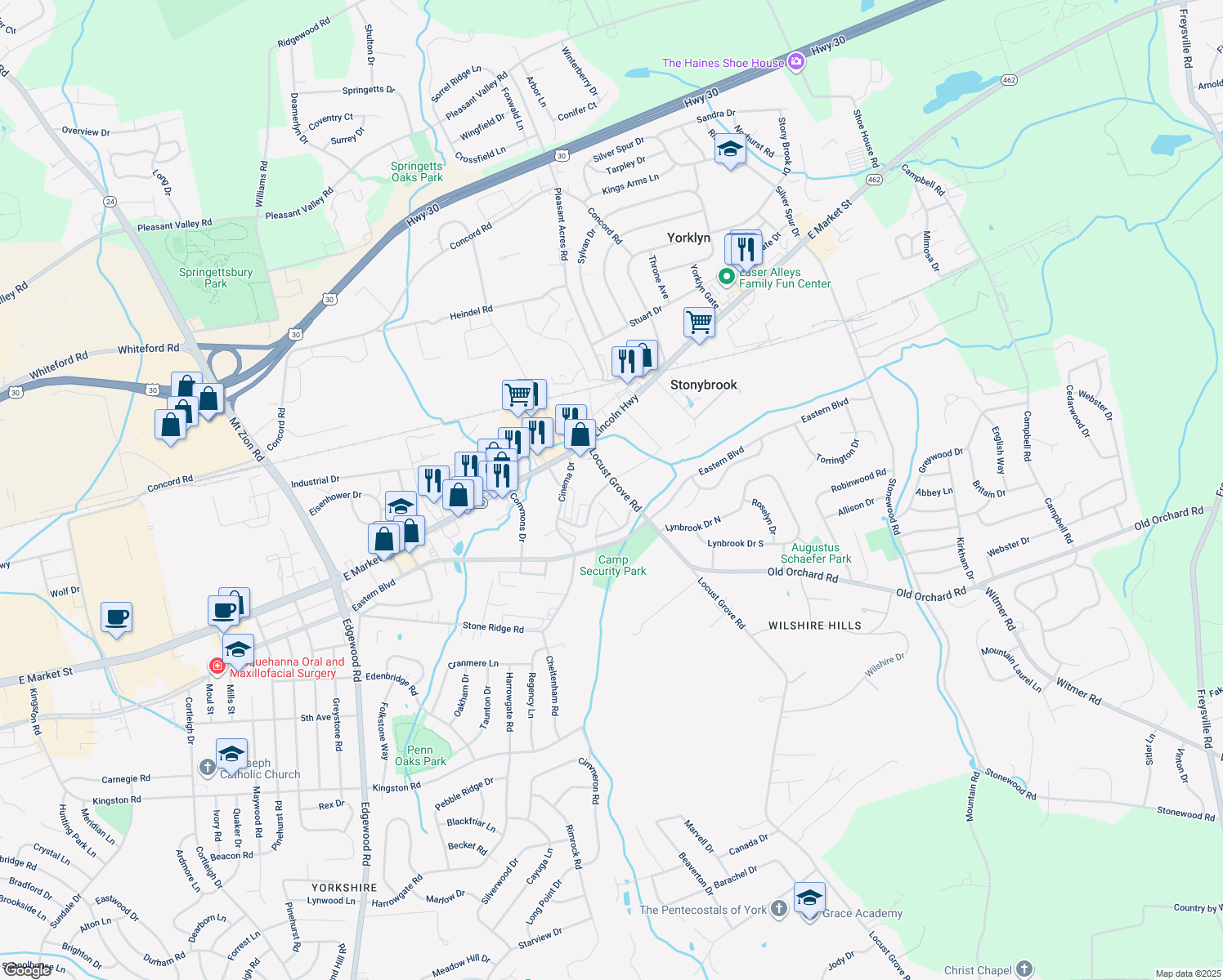 map of restaurants, bars, coffee shops, grocery stores, and more near 108 Locust Grove Road in York