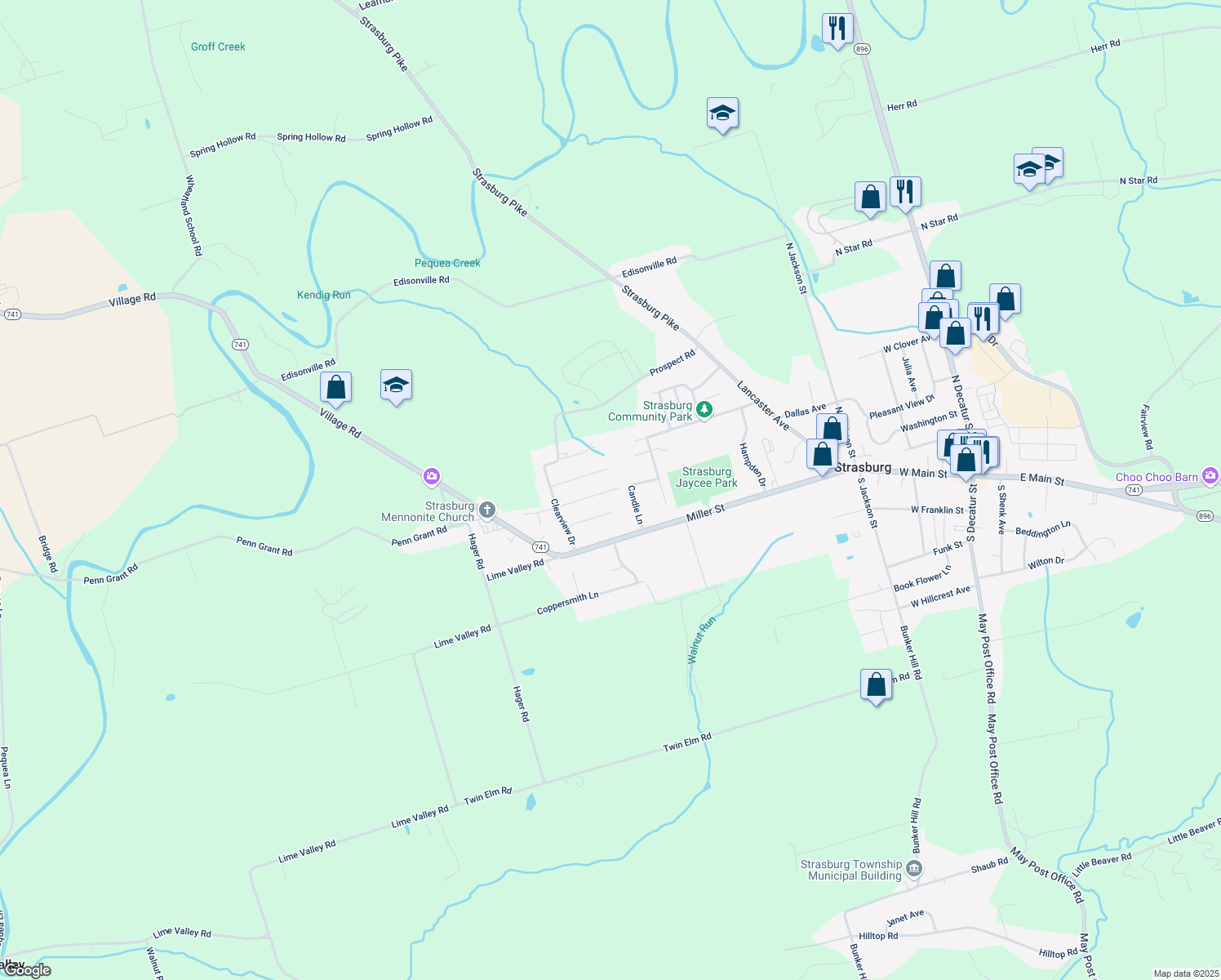 map of restaurants, bars, coffee shops, grocery stores, and more near 312 Susan Avenue in Strasburg