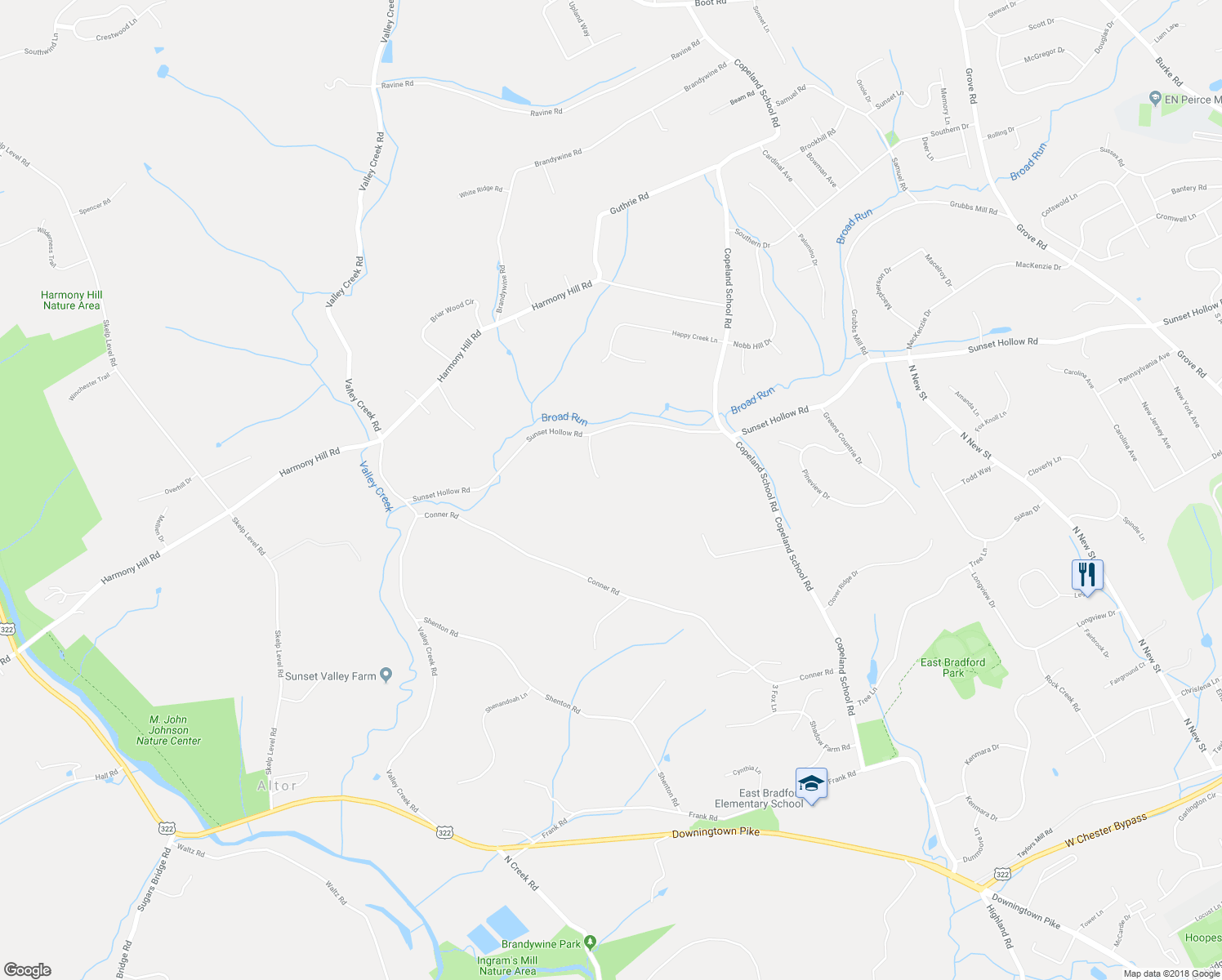map of restaurants, bars, coffee shops, grocery stores, and more near 880 Sunset Hollow Road in West Chester