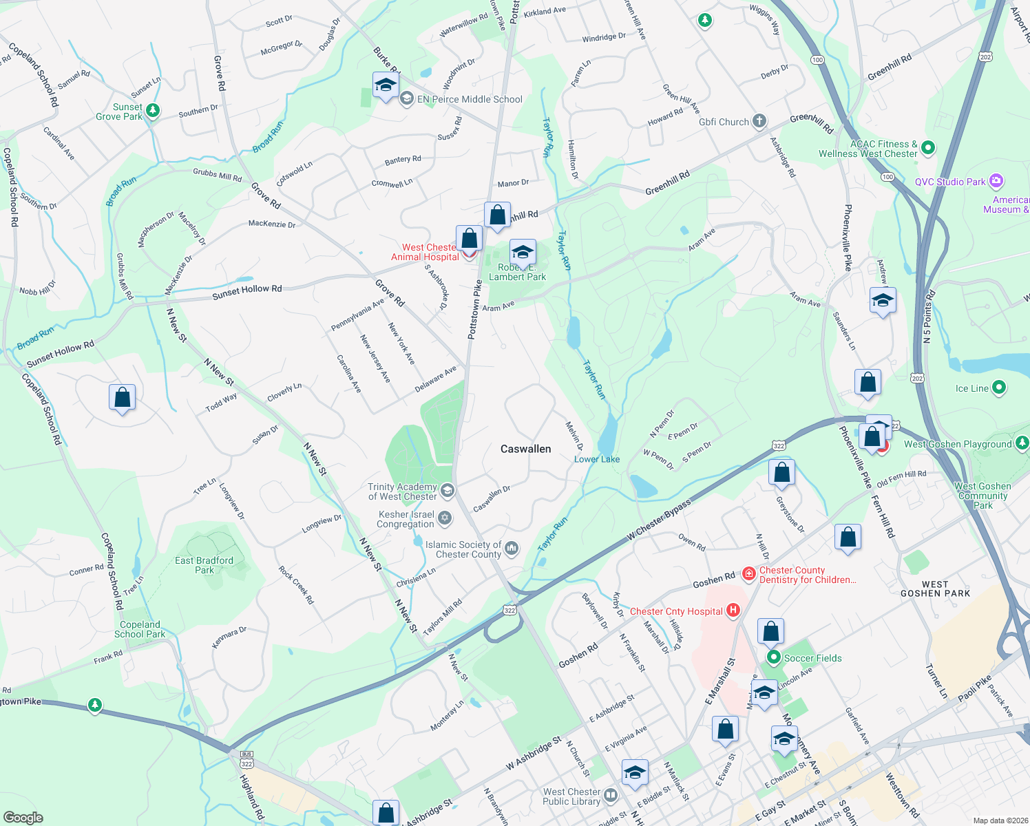 map of restaurants, bars, coffee shops, grocery stores, and more near 459 Caswallen Drive in West Chester