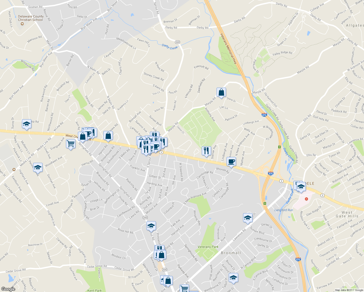 map of restaurants, bars, coffee shops, grocery stores, and more near 90 Strathaven Drive in Broomall