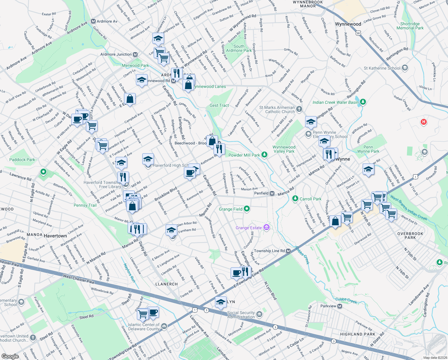 map of restaurants, bars, coffee shops, grocery stores, and more near 551 Kenmore Road in Havertown