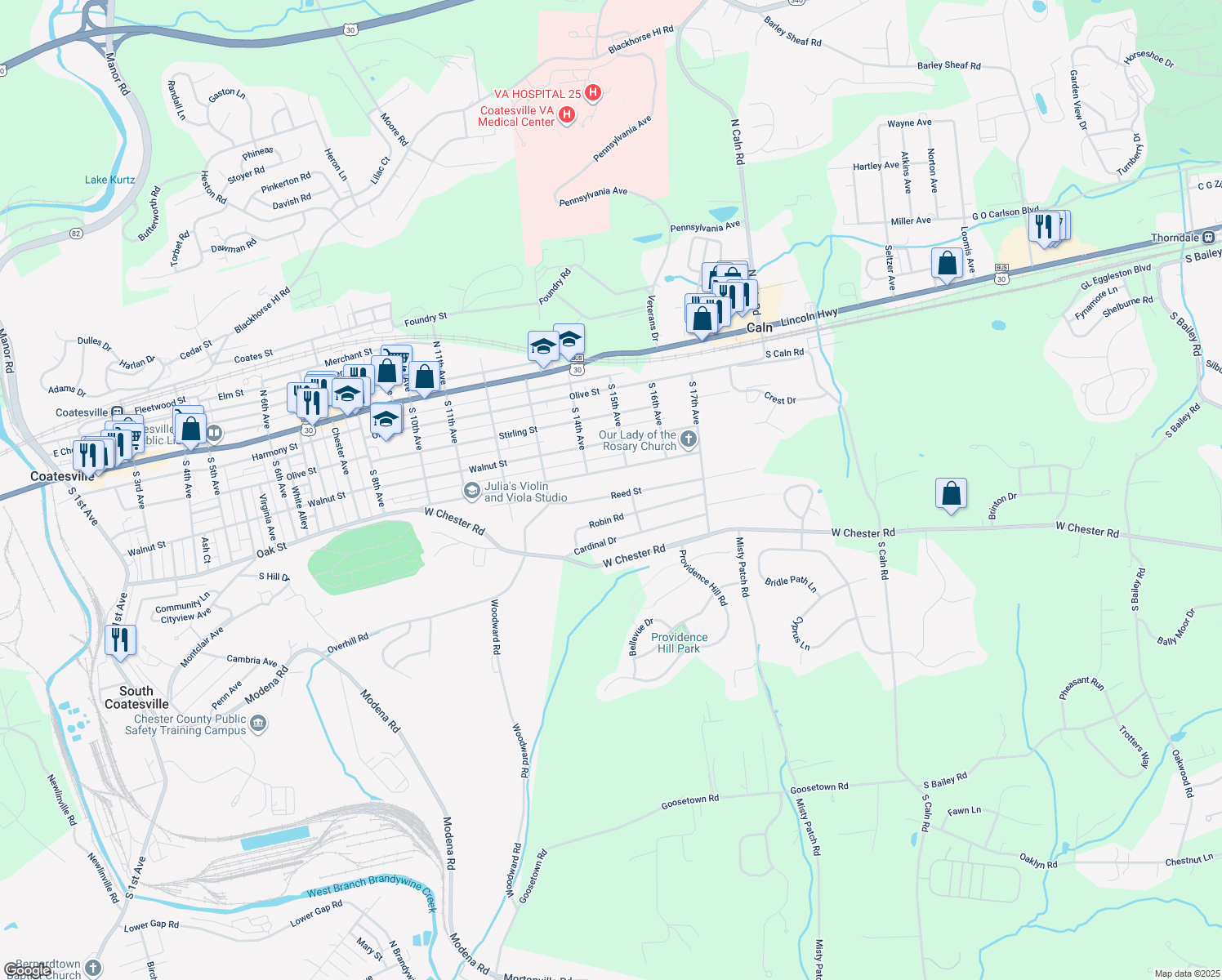 map of restaurants, bars, coffee shops, grocery stores, and more near 1409 Reed Street in Coatesville