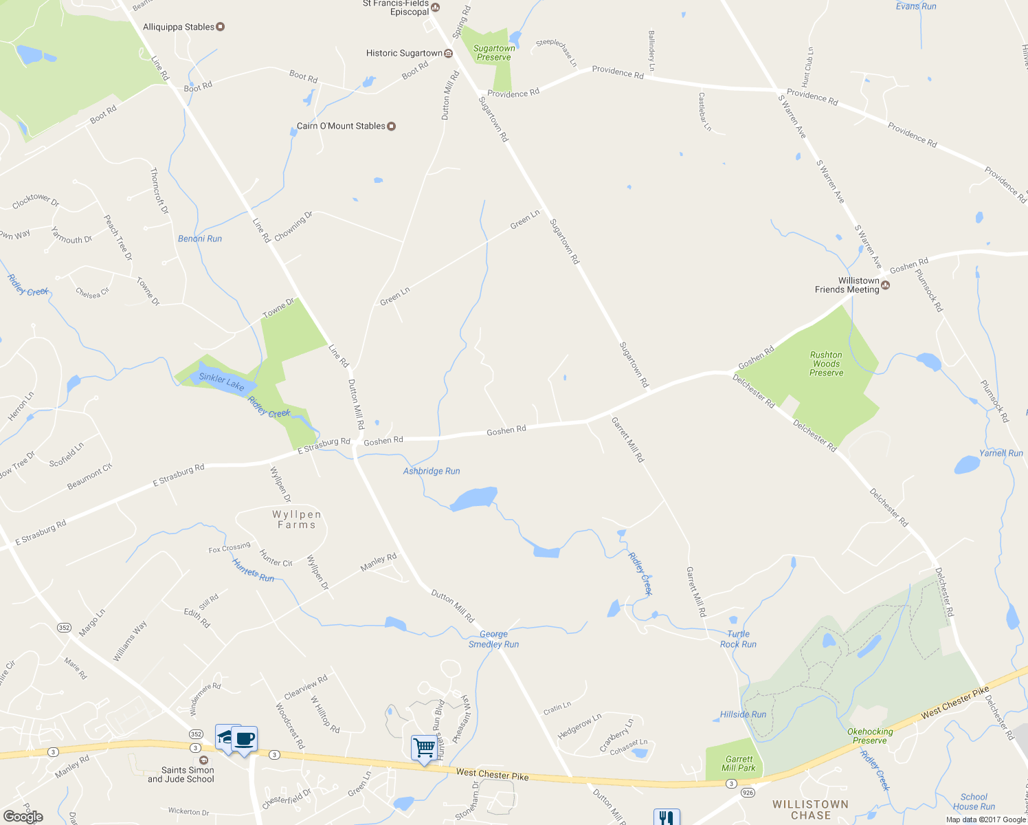 map of restaurants, bars, coffee shops, grocery stores, and more near 8078 Goshen Road in Malvern