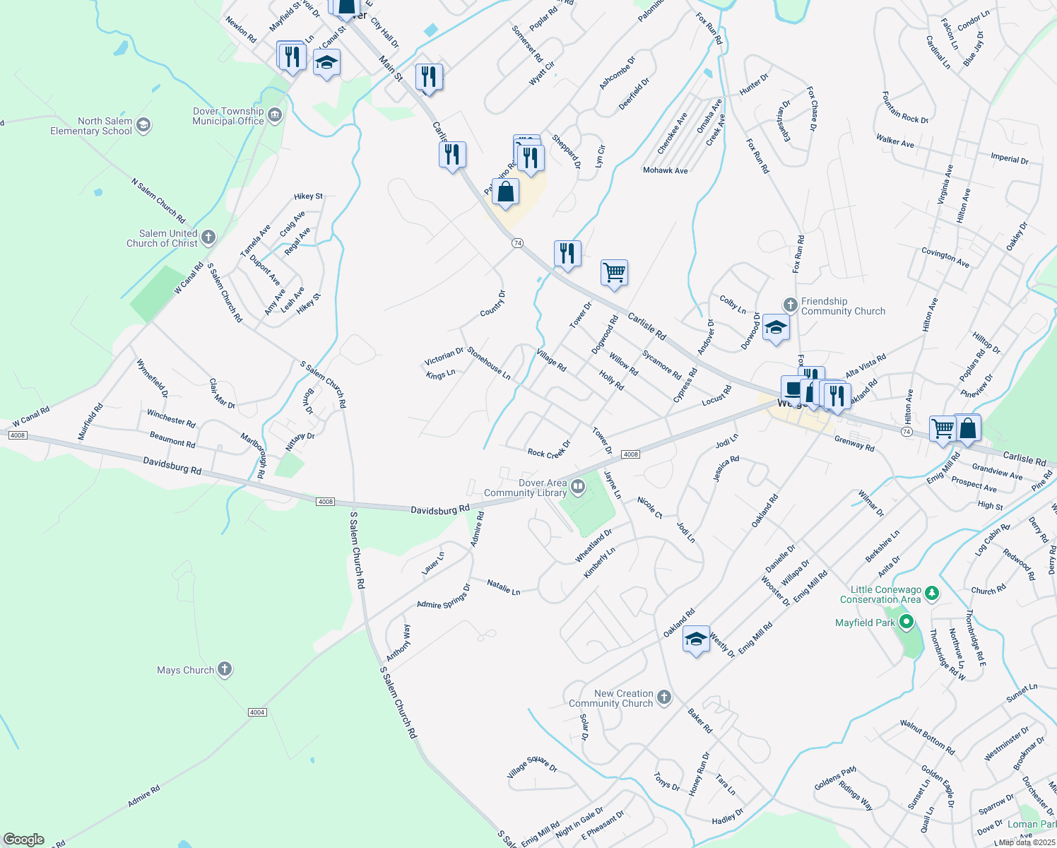 map of restaurants, bars, coffee shops, grocery stores, and more near 2630 Wyngate Road in Dover