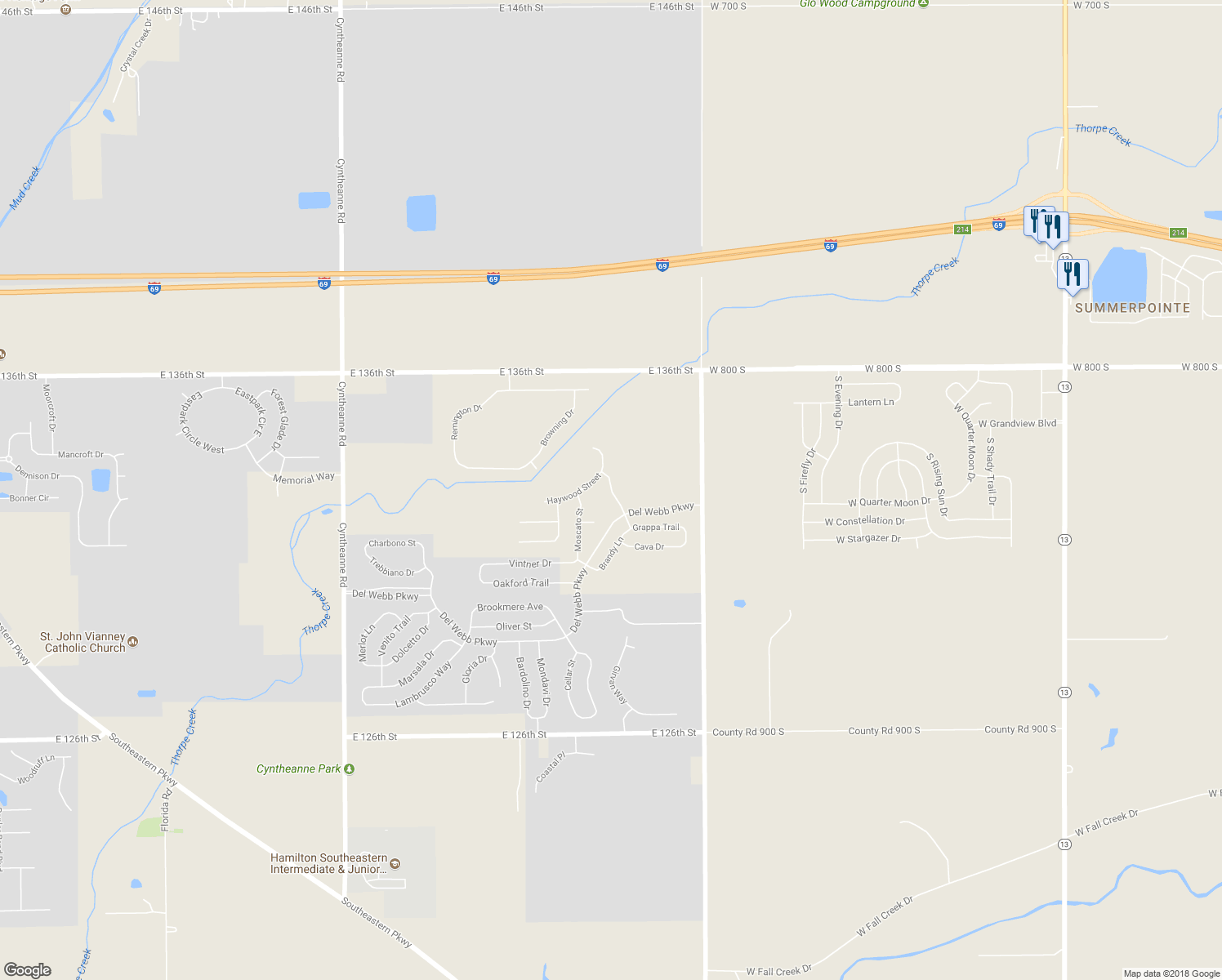 map of restaurants, bars, coffee shops, grocery stores, and more near 13386 Merryvale Street in Fishers
