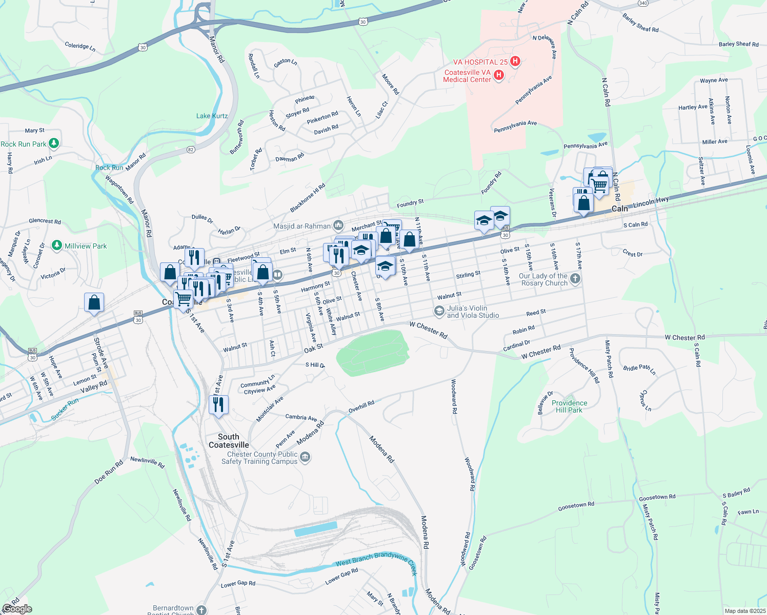 map of restaurants, bars, coffee shops, grocery stores, and more near 87 South 8th Avenue in Coatesville