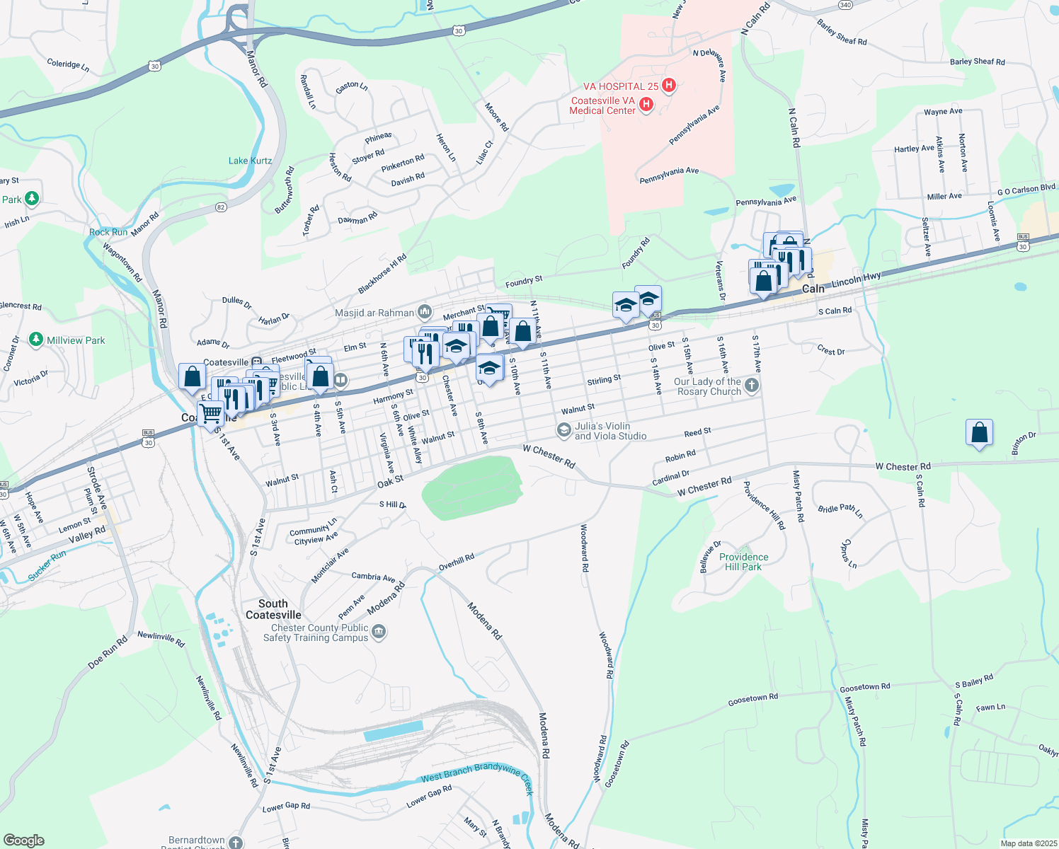 map of restaurants, bars, coffee shops, grocery stores, and more near 1004 Walnut Street in Coatesville