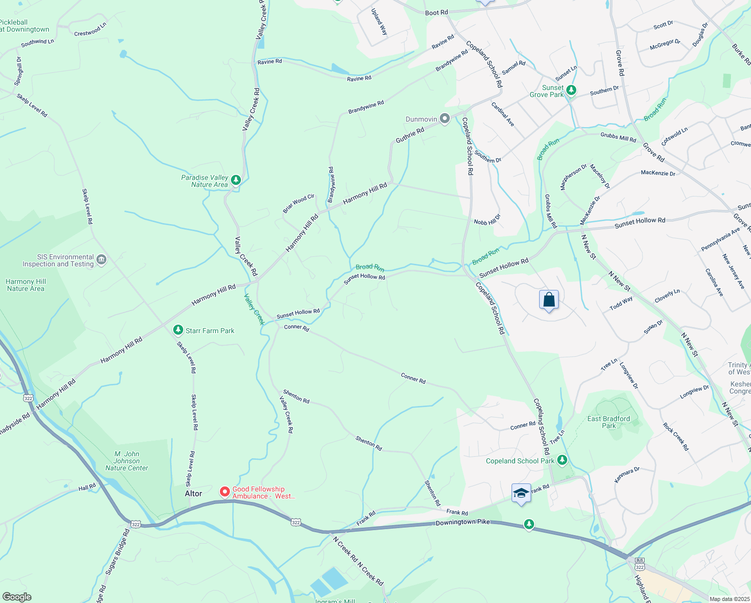 map of restaurants, bars, coffee shops, grocery stores, and more near 890 Sunset Hollow Road in West Chester