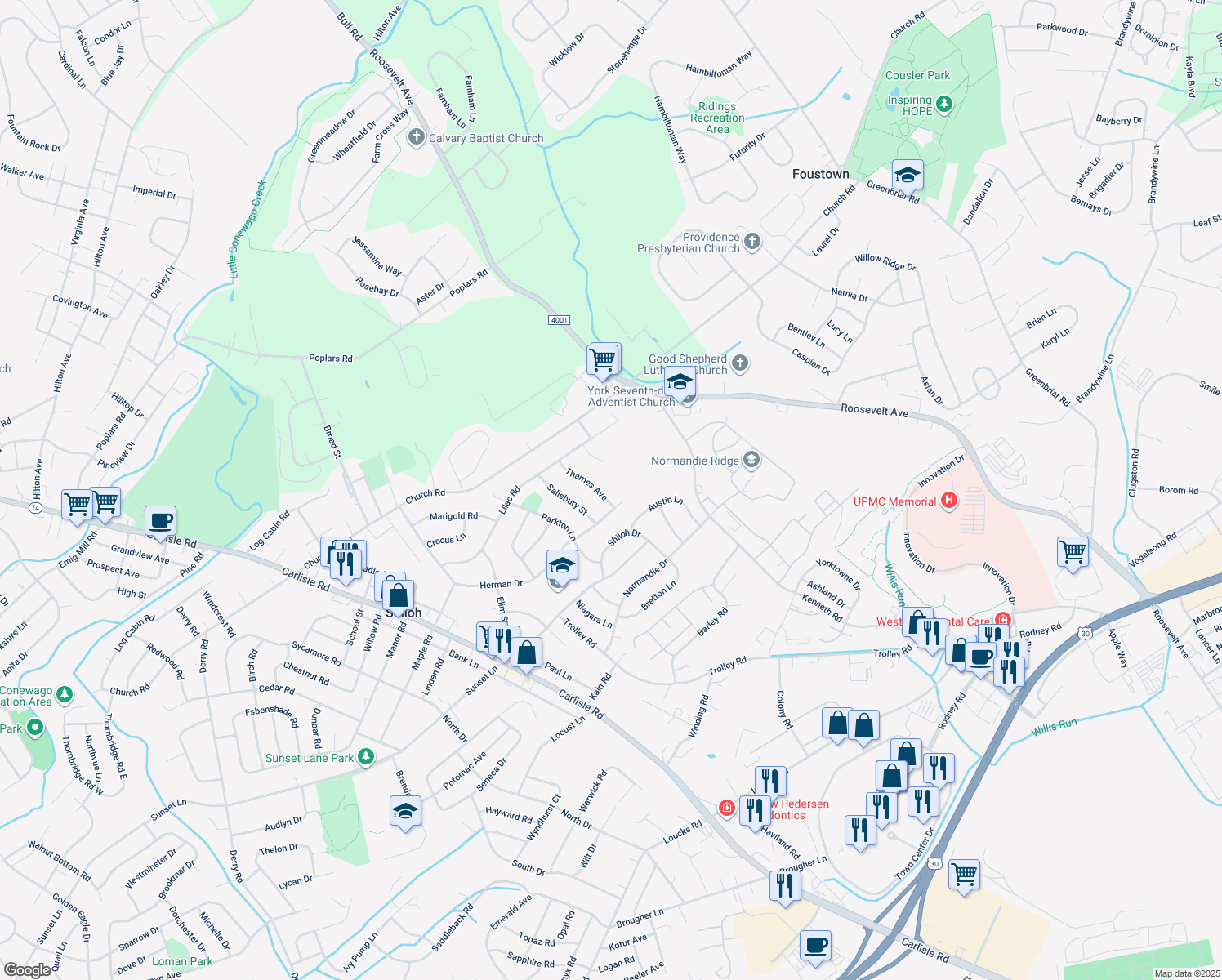 map of restaurants, bars, coffee shops, grocery stores, and more near 2121 Thames Avenue in York