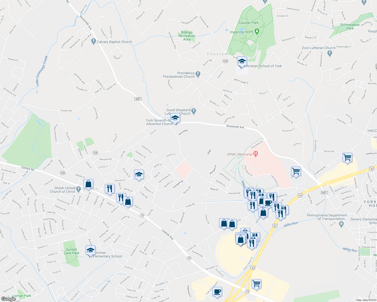 map of restaurants, bars, coffee shops, grocery stores, and more near 21 Copperwood Court in York