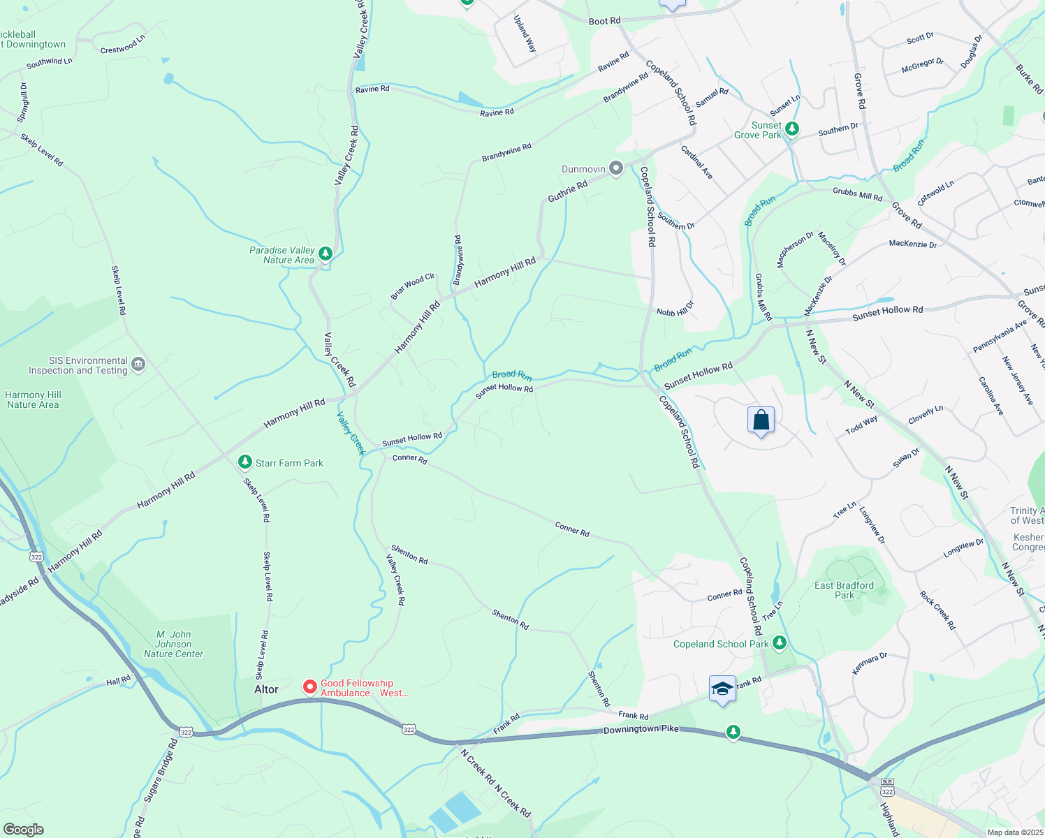map of restaurants, bars, coffee shops, grocery stores, and more near 890 Sunset Hollow Road in West Chester