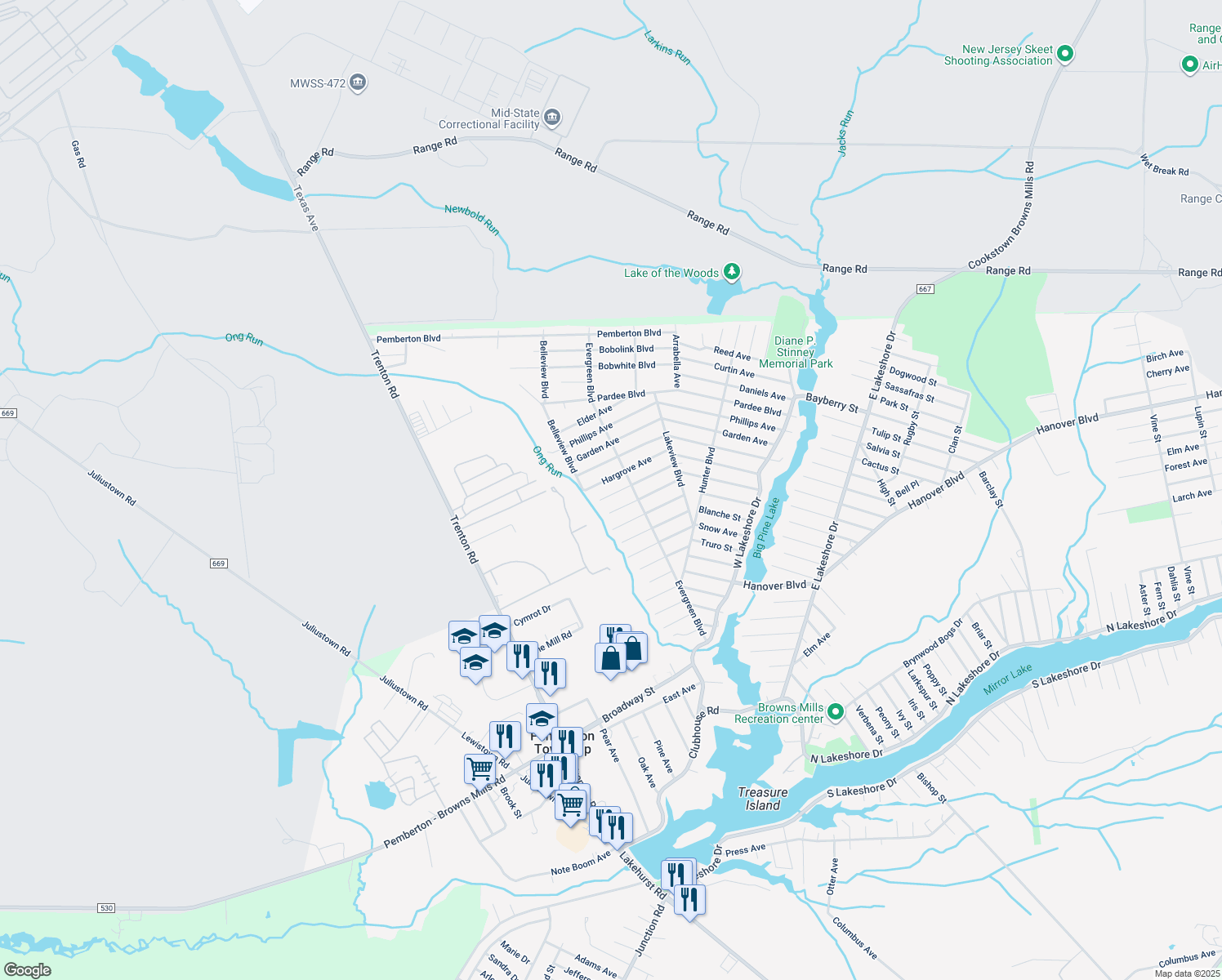 map of restaurants, bars, coffee shops, grocery stores, and more near 226 Juniper Avenue in Browns Mills