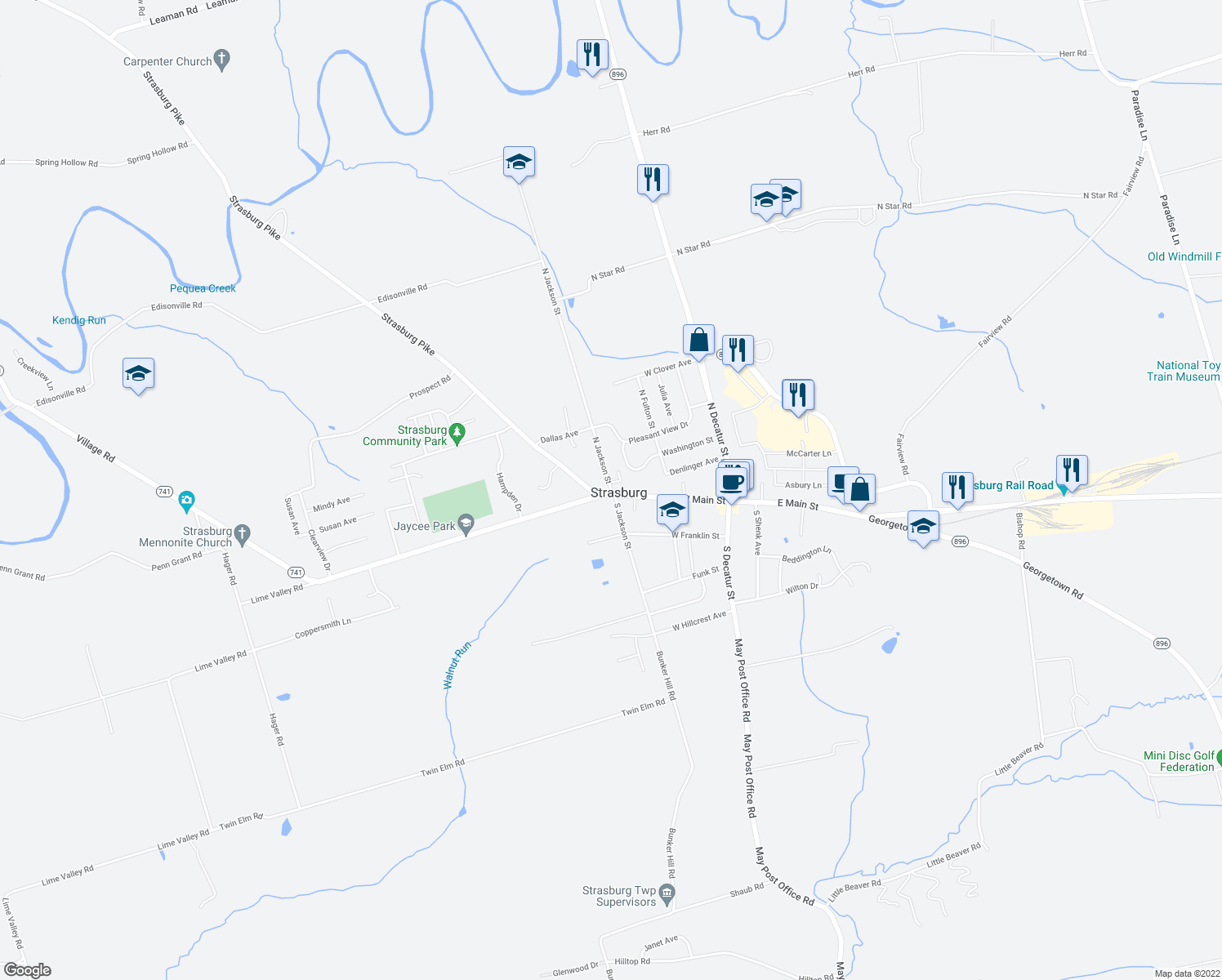 map of restaurants, bars, coffee shops, grocery stores, and more near 16 North Jackson Street in Strasburg