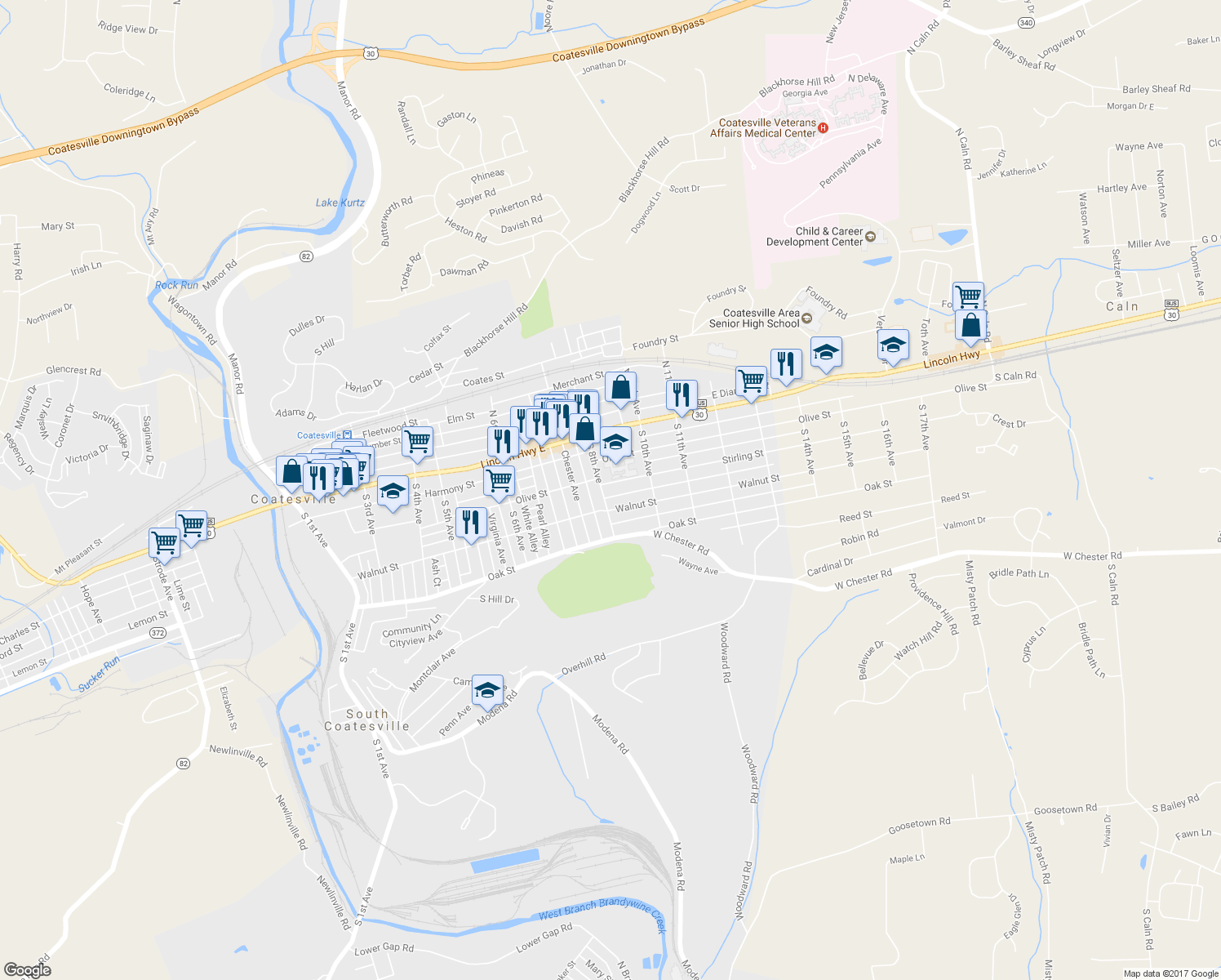 map of restaurants, bars, coffee shops, grocery stores, and more near 806 Stirling Street in Coatesville