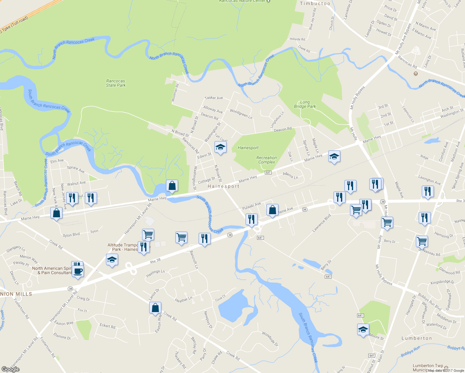 map of restaurants, bars, coffee shops, grocery stores, and more near 1508 Marne Highway in Hainesport