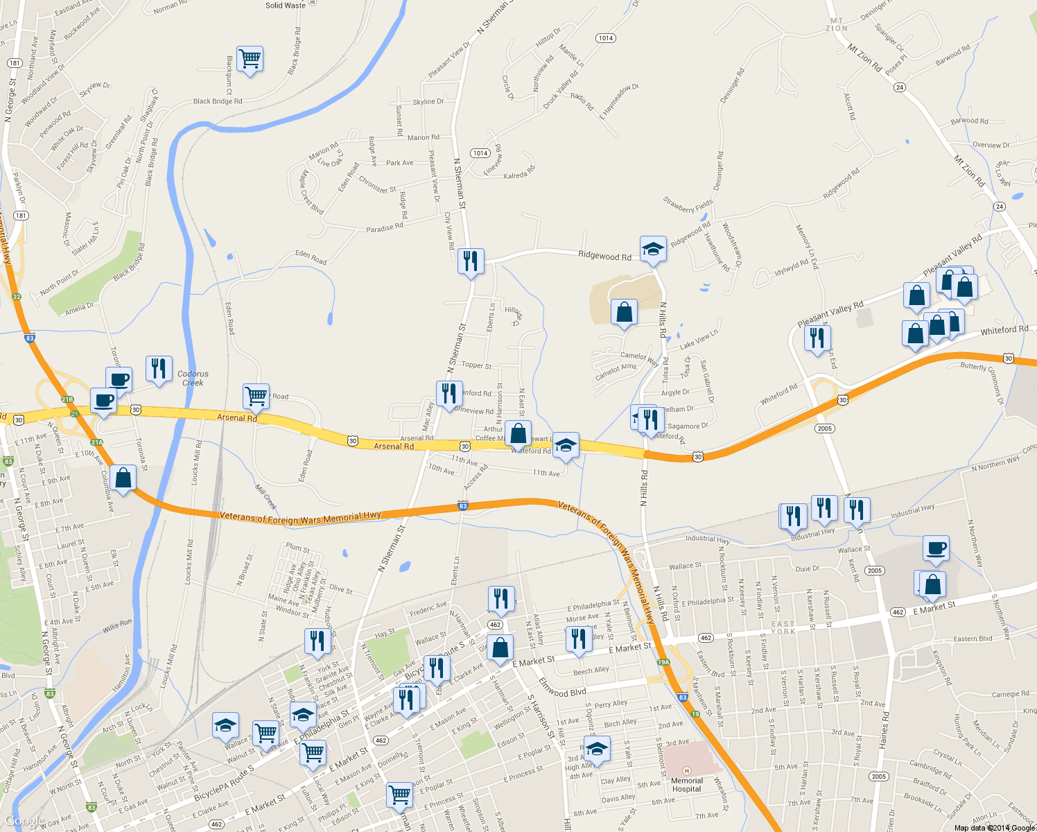 map of restaurants, bars, coffee shops, grocery stores, and more near 1318 Bonneview Road in York