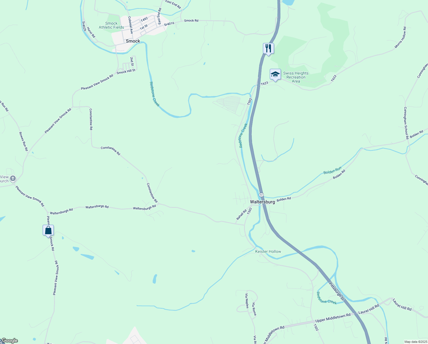 map of restaurants, bars, coffee shops, grocery stores, and more near 825 Old Route 51 in Smock