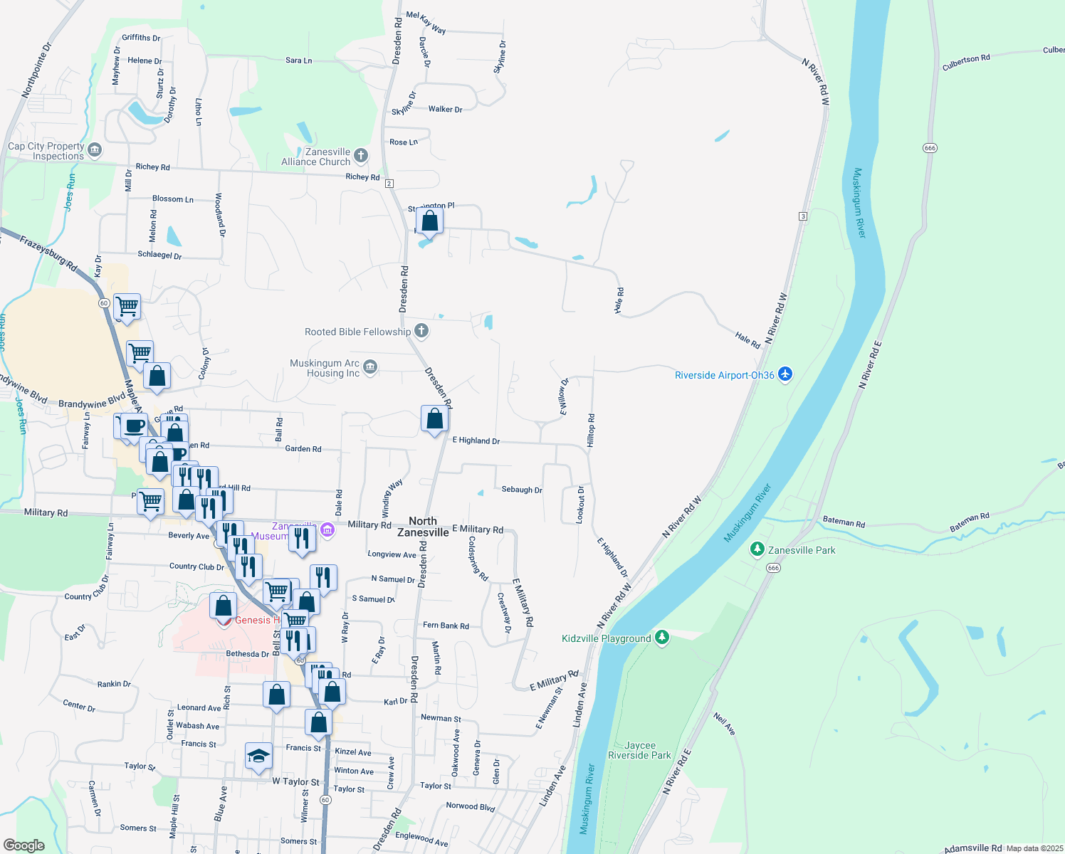 map of restaurants, bars, coffee shops, grocery stores, and more near 200 West Willow Drive in Zanesville