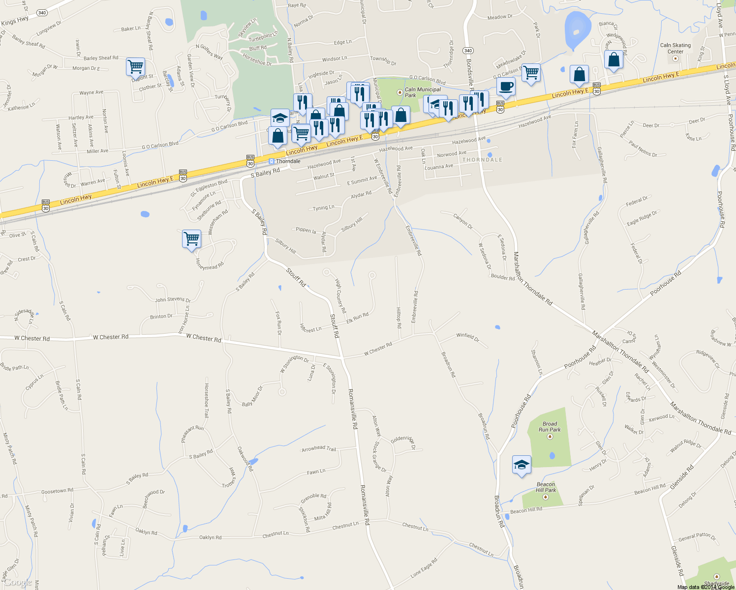 map of restaurants, bars, coffee shops, grocery stores, and more near 1524 Elk Run Road in Downingtown