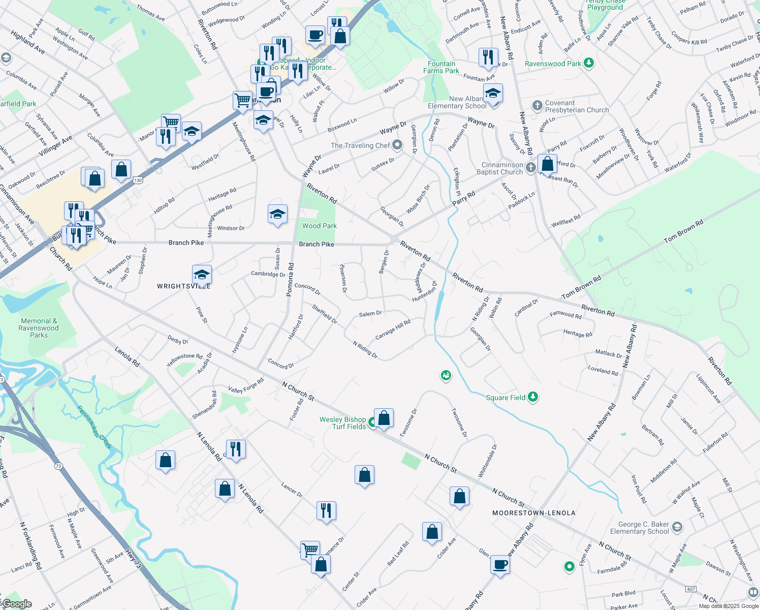 map of restaurants, bars, coffee shops, grocery stores, and more near 502 Bergen Drive in Cinnaminson