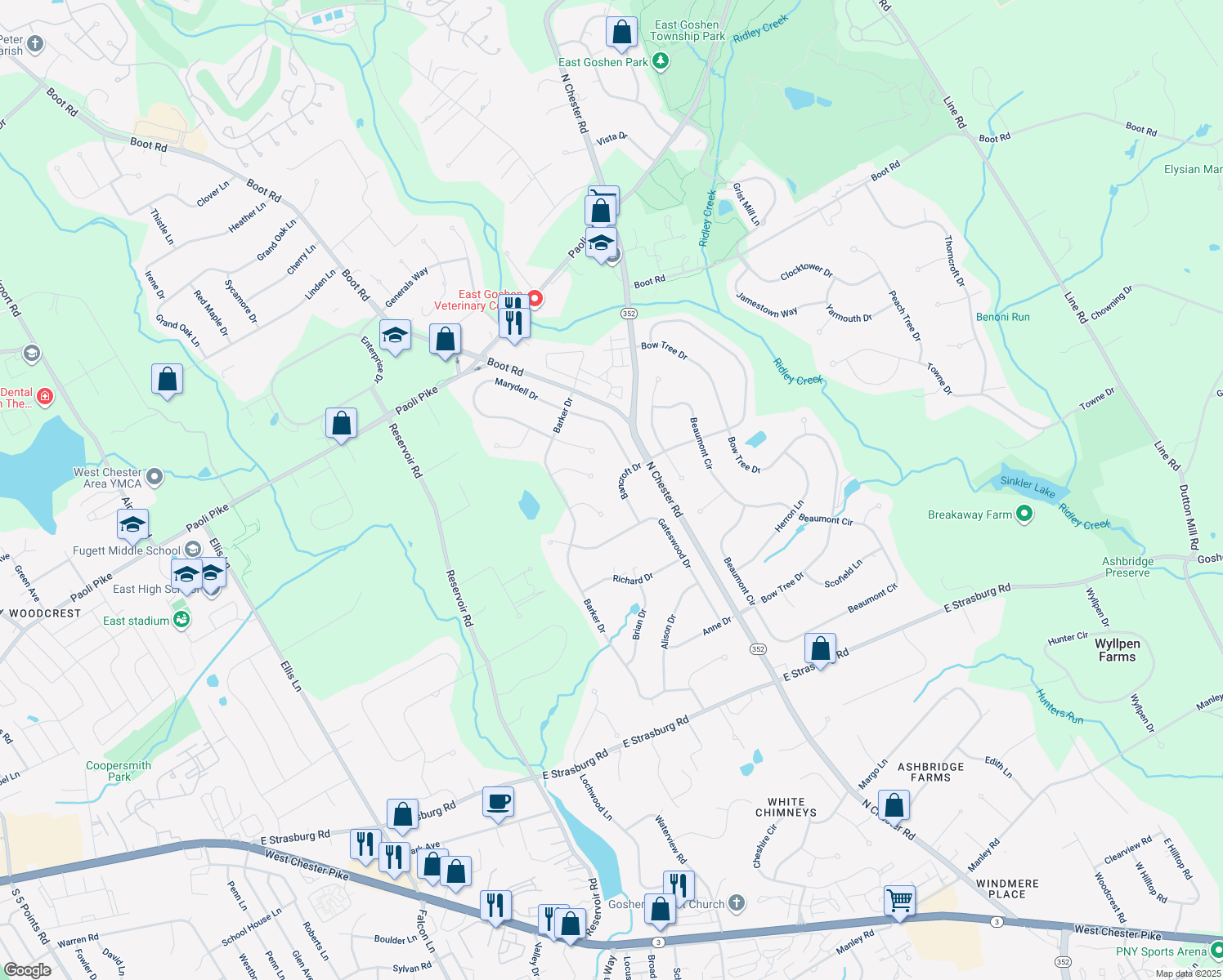 map of restaurants, bars, coffee shops, grocery stores, and more near 1537 Bancroft Drive in West Chester
