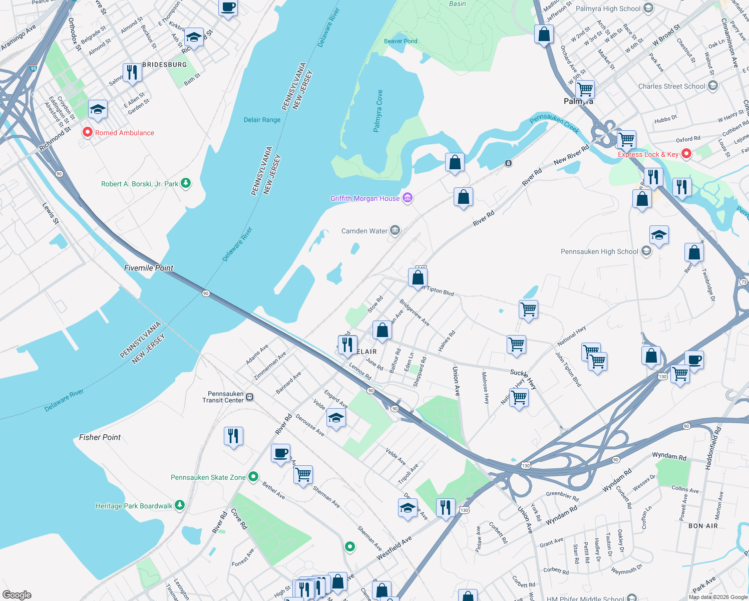 map of restaurants, bars, coffee shops, grocery stores, and more near 8313 Stow Road in Pennsauken Township