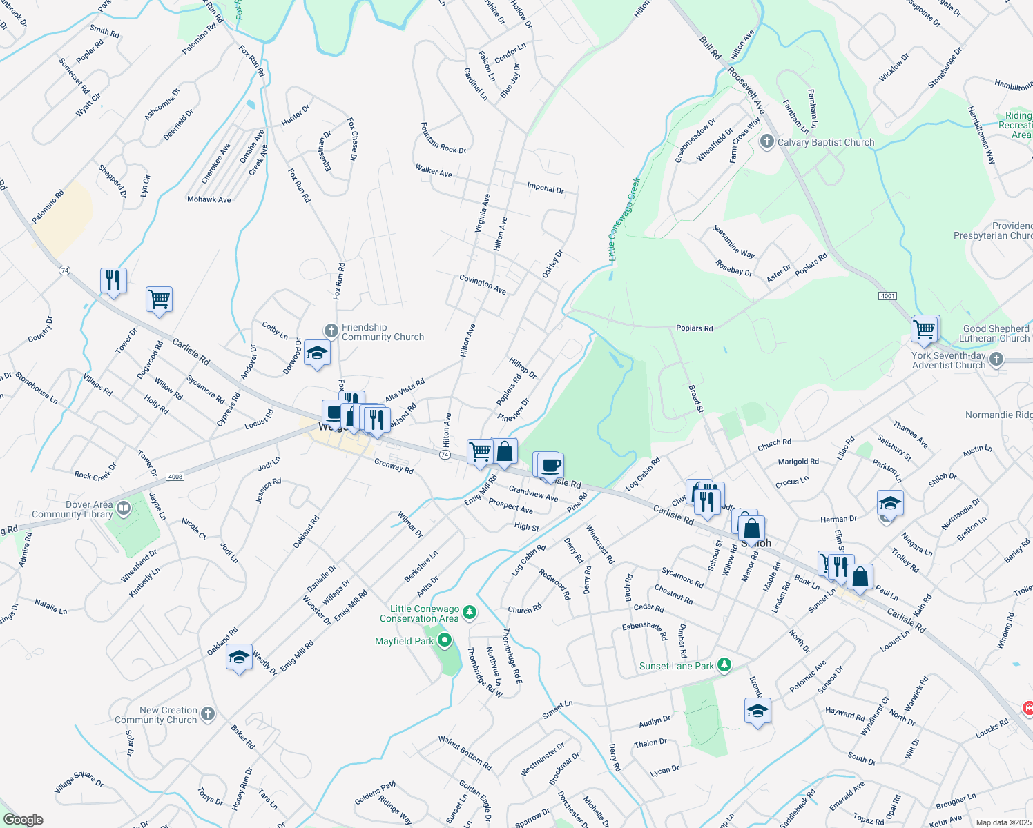 map of restaurants, bars, coffee shops, grocery stores, and more near 2017 Pineview Drive in York