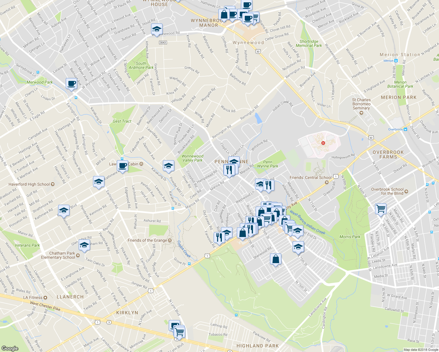 map of restaurants, bars, coffee shops, grocery stores, and more near 219 Trent Rd in Penn Wynne