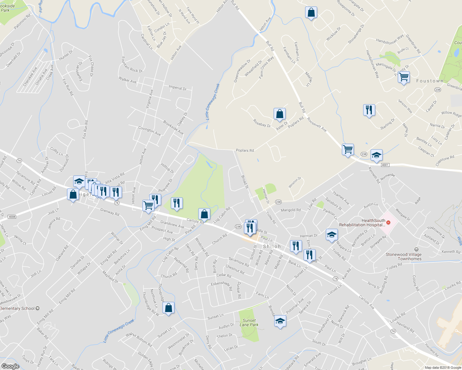 map of restaurants, bars, coffee shops, grocery stores, and more near 2632 Grandview Park Drive in York