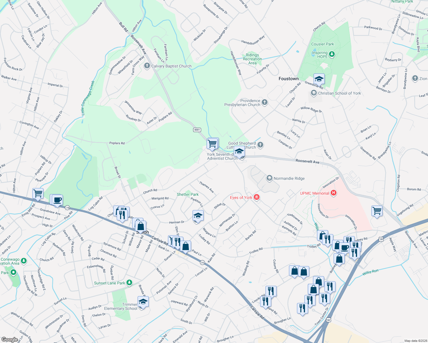 map of restaurants, bars, coffee shops, grocery stores, and more near 1550 Lilac Road in York
