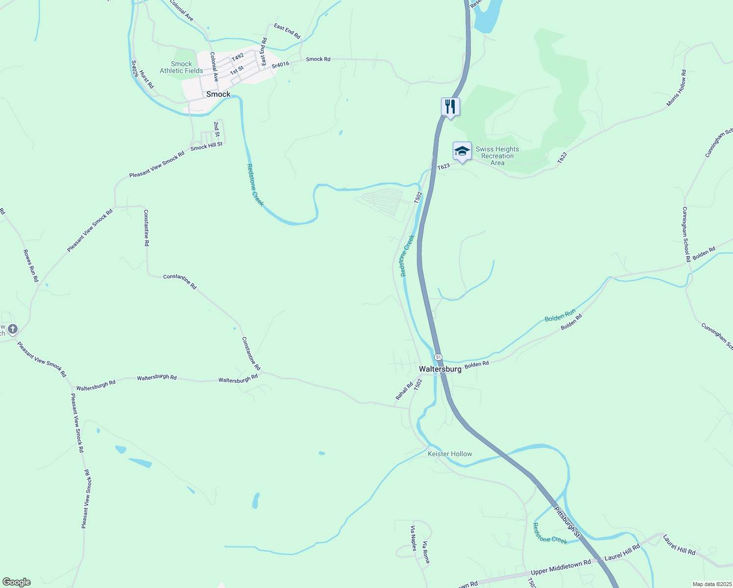 map of restaurants, bars, coffee shops, grocery stores, and more near 825 Old Route 51 in Smock