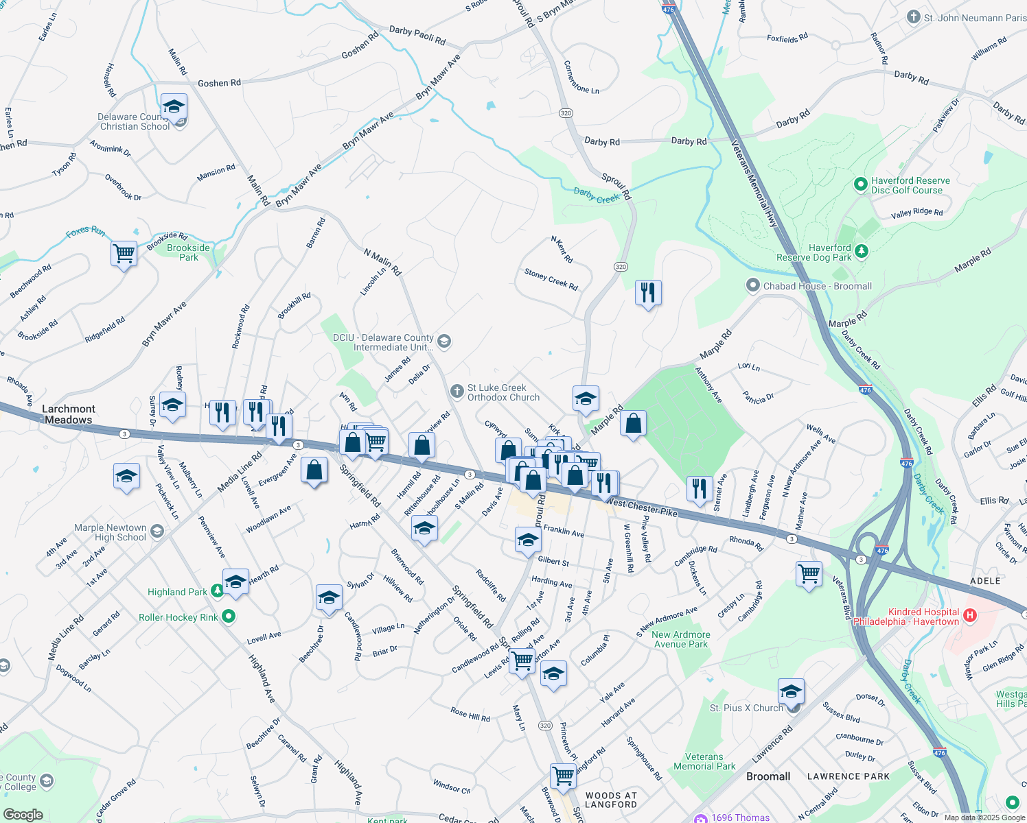 map of restaurants, bars, coffee shops, grocery stores, and more near 2649 Summit Avenue in Broomall