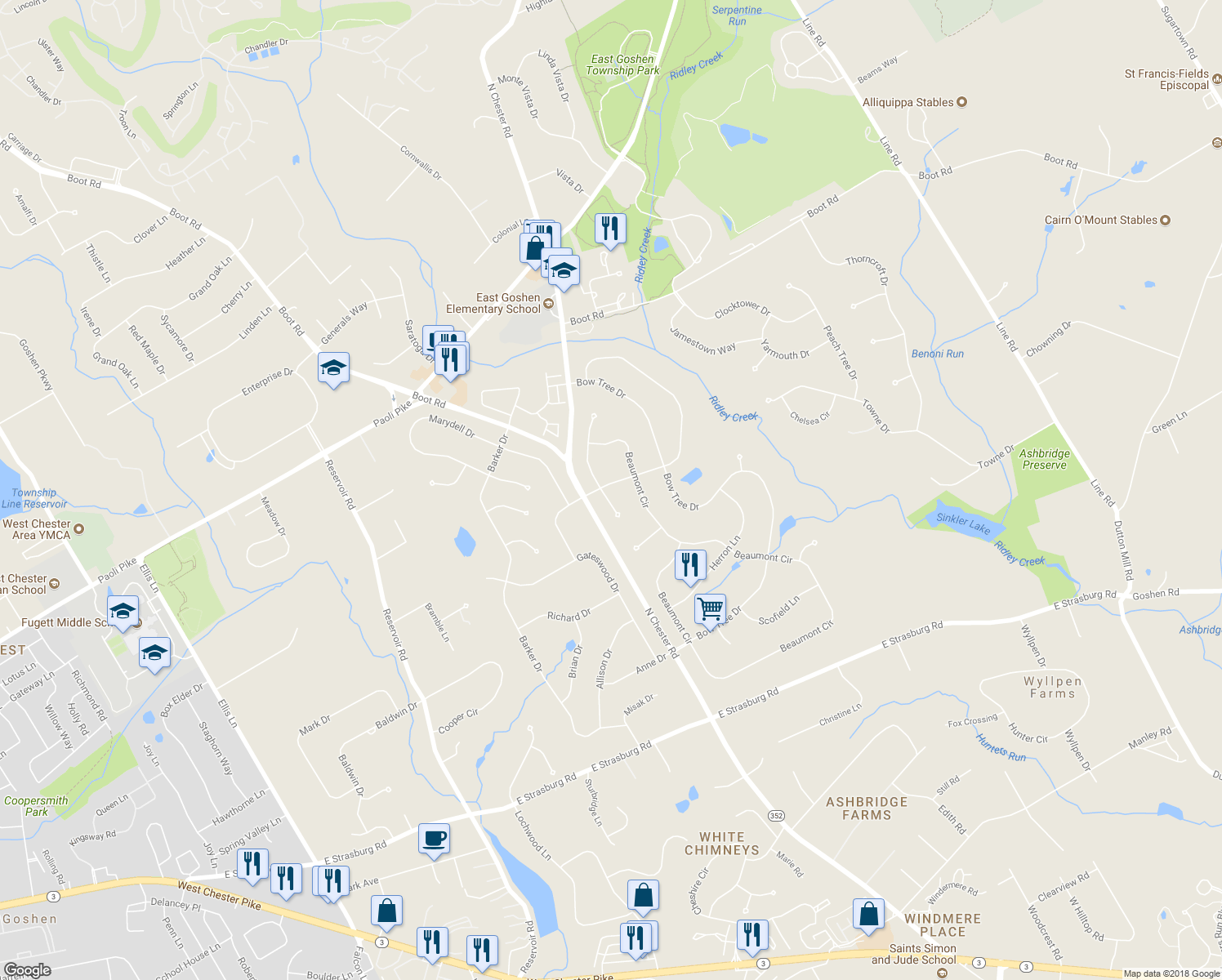 map of restaurants, bars, coffee shops, grocery stores, and more near 610 South Speakman Lane in West Chester