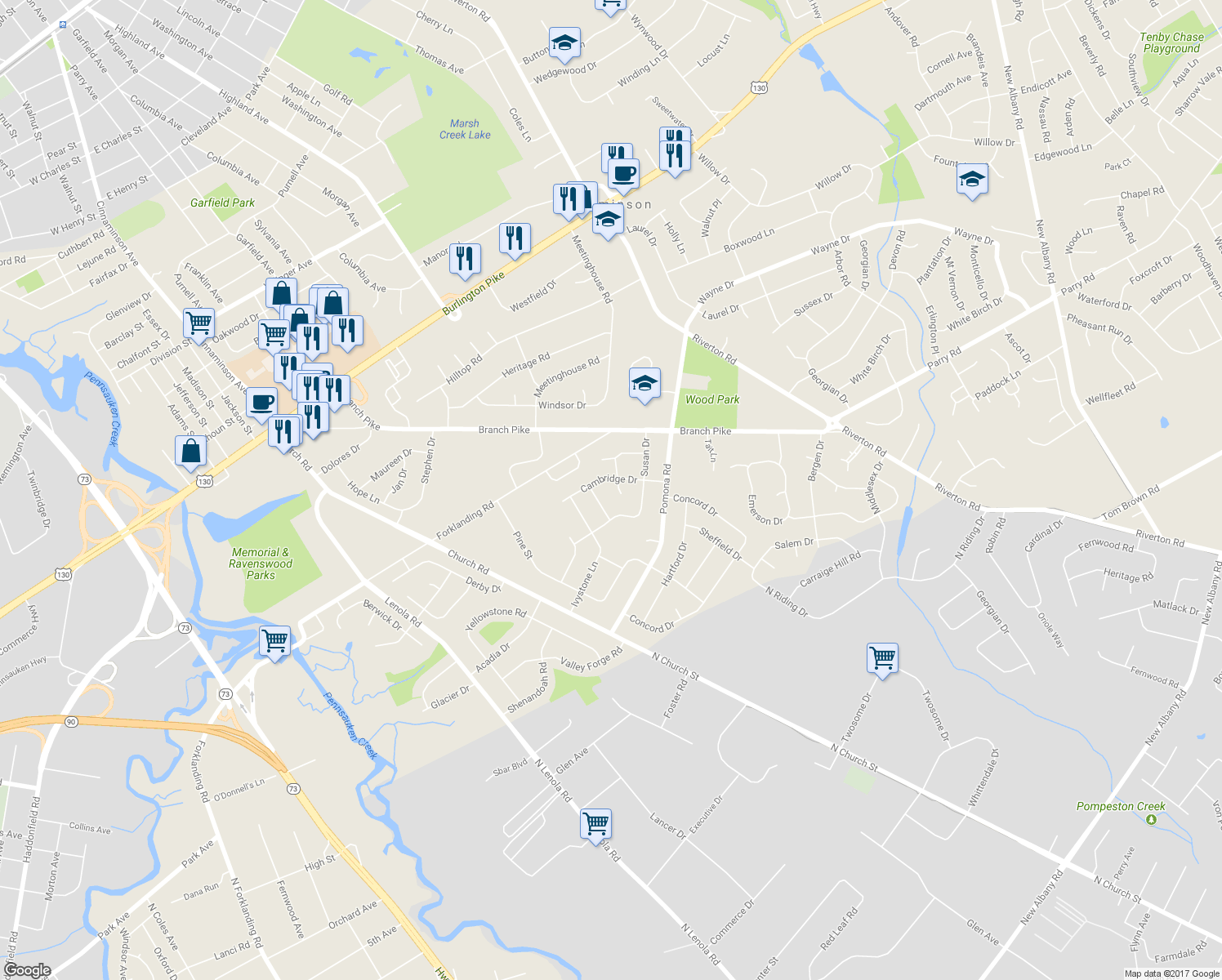 map of restaurants, bars, coffee shops, grocery stores, and more near 115 Cambridge Court in Cinnaminson