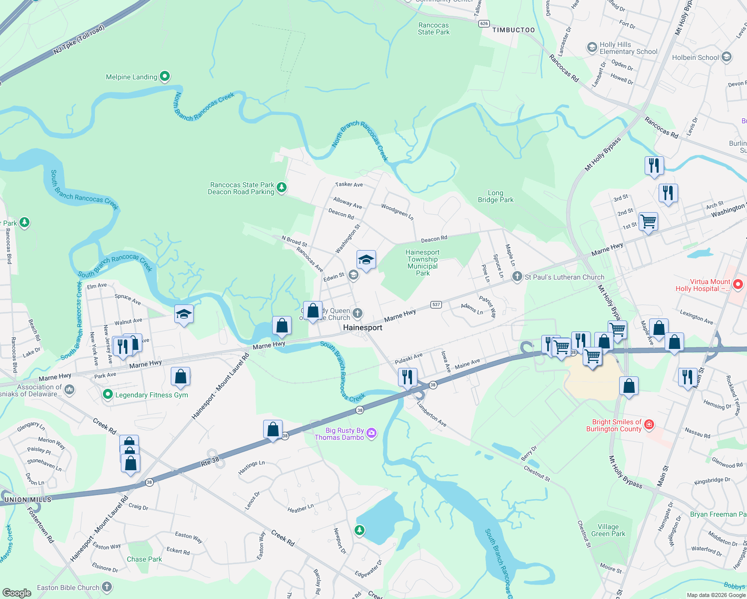 map of restaurants, bars, coffee shops, grocery stores, and more near 106 Croft Ct in Hainesport