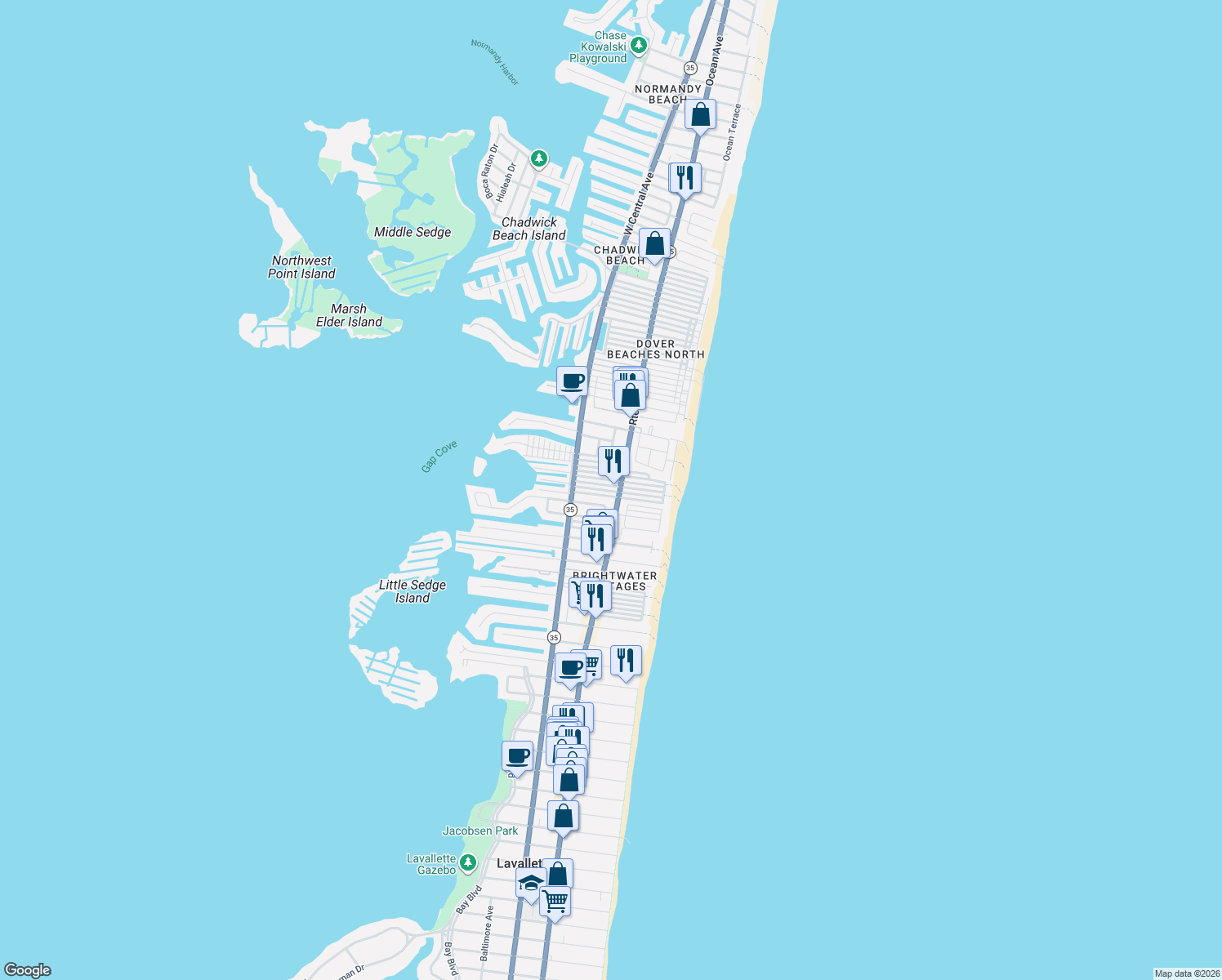 map of restaurants, bars, coffee shops, grocery stores, and more near 104 W Chadwick Way in Lavallette