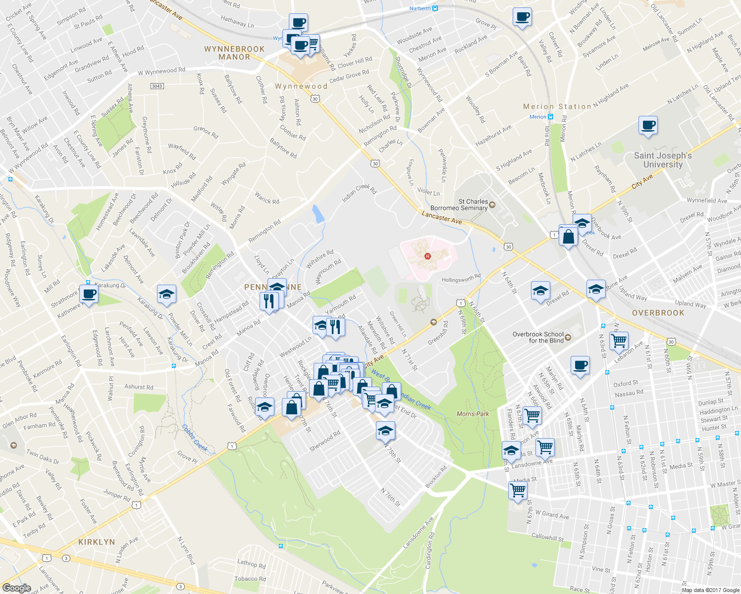 map of restaurants, bars, coffee shops, grocery stores, and more near 25 Wiltshire Road in Wynnewood