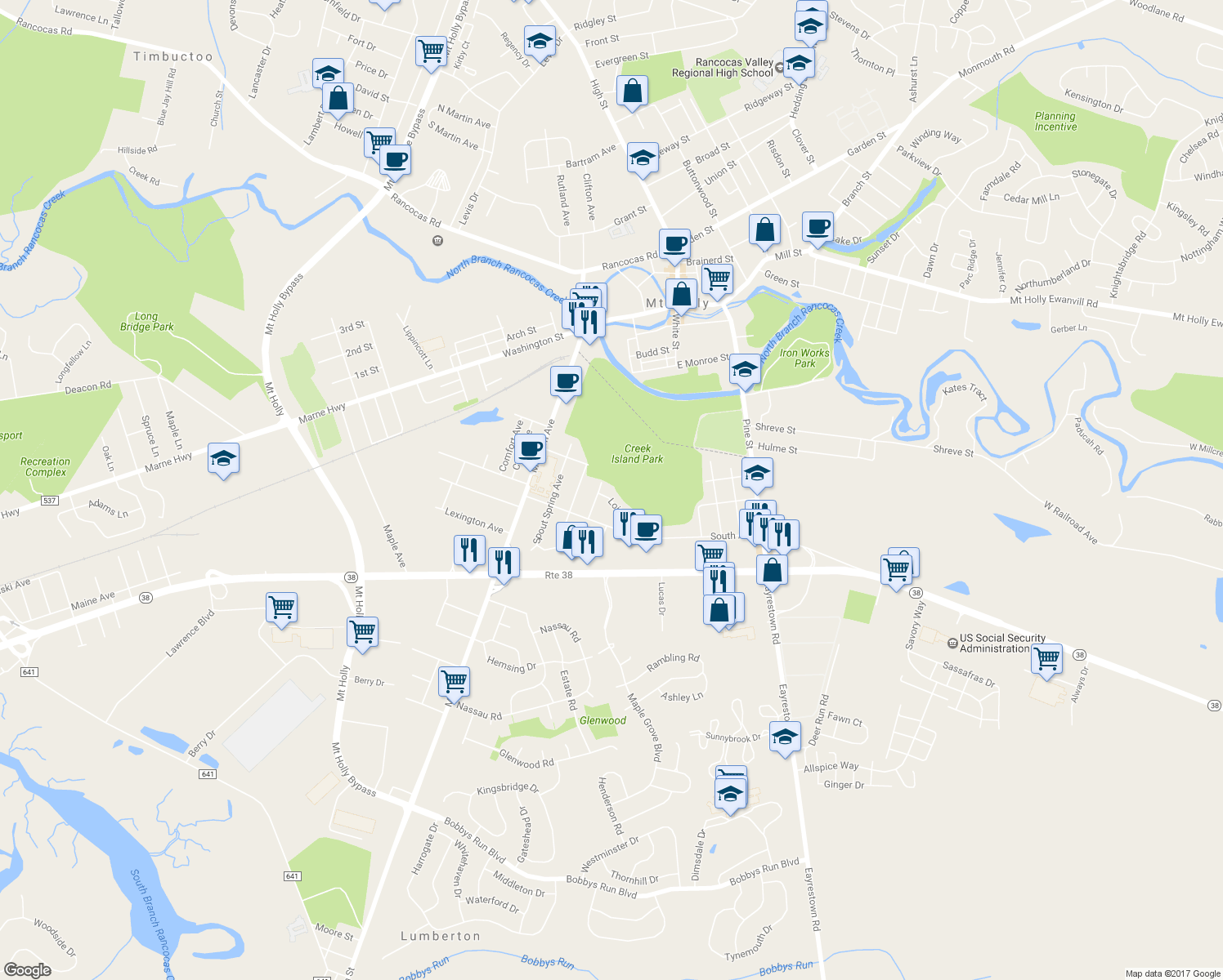 map of restaurants, bars, coffee shops, grocery stores, and more near 33 Lois Lane in Mount Holly