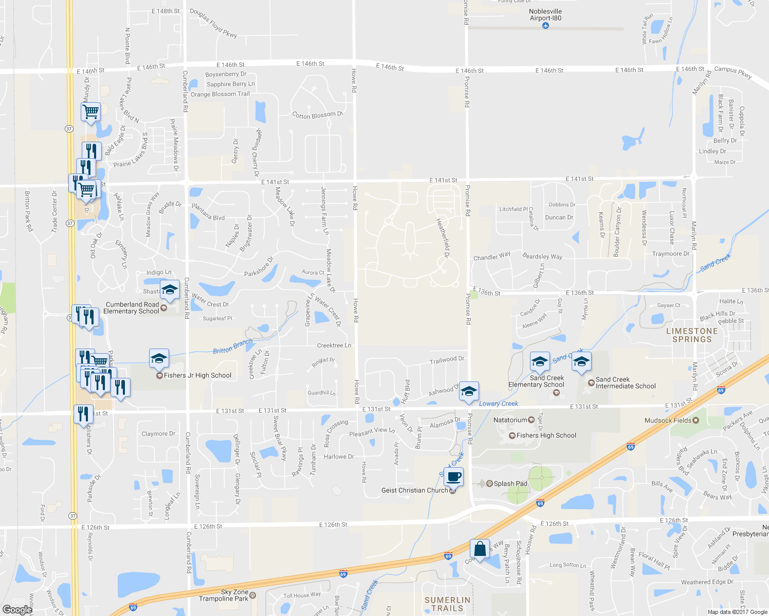 map of restaurants, bars, coffee shops, grocery stores, and more near 13320 Howe Road in Fishers