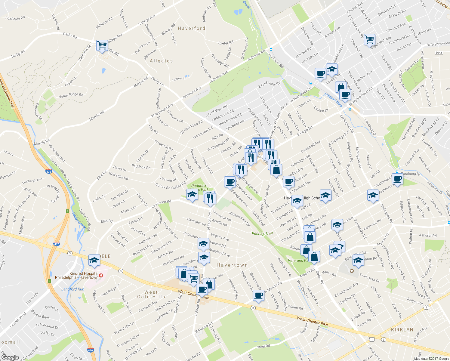 map of restaurants, bars, coffee shops, grocery stores, and more near 143 West Hillcrest Avenue in Havertown