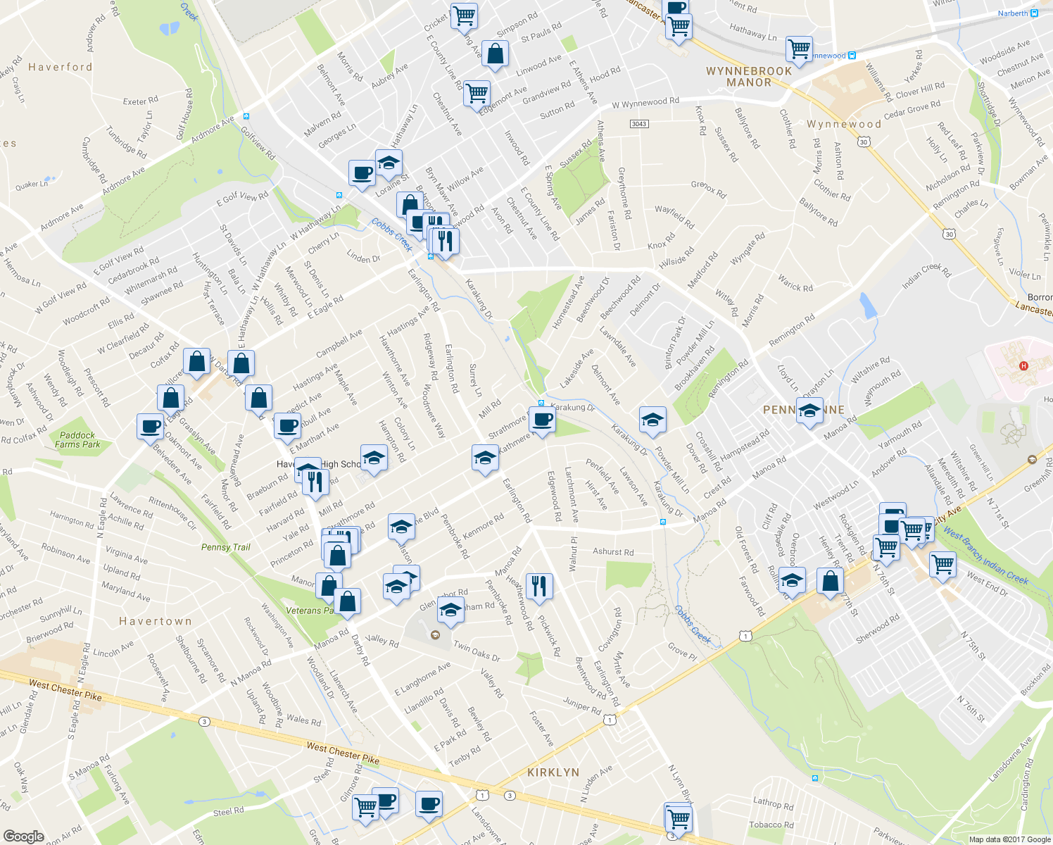 map of restaurants, bars, coffee shops, grocery stores, and more near 559 Strathmore Road in Havertown